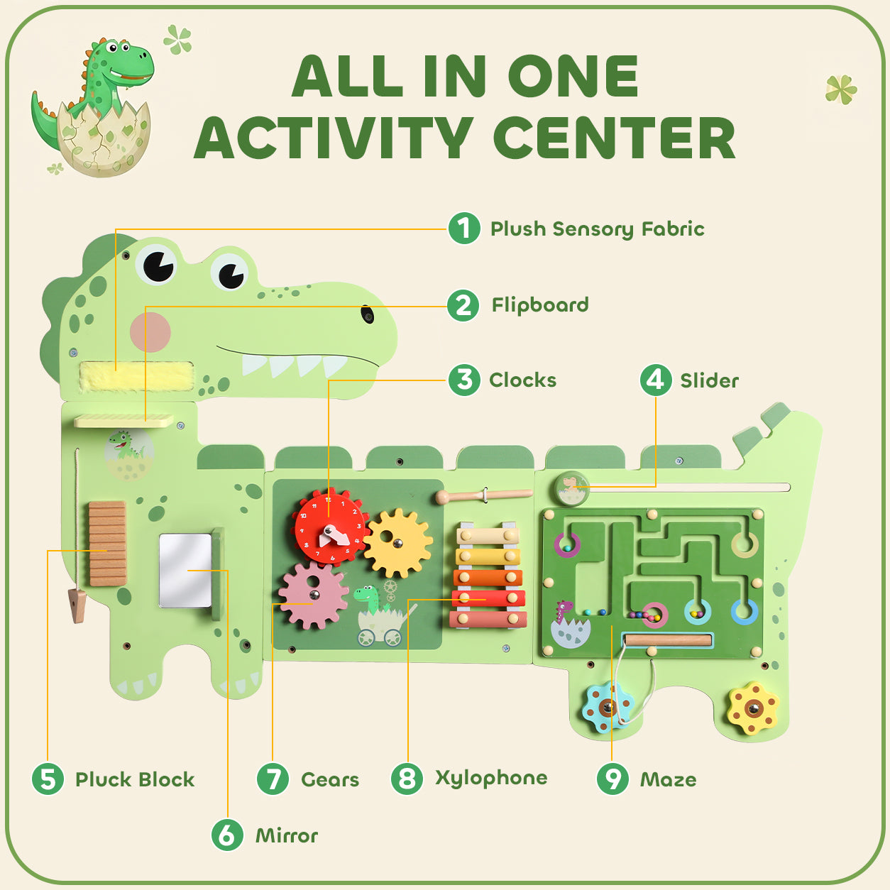 Qaba Busy Board Panels Wall-Mounted Montessori Sensory Toys Sensory Wall MDF 87 x 52 x 5.5 cm Dinosaur, Green