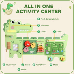 Qaba Busy Board Panels Wall-Mounted Montessori Sensory Toys Sensory Wall MDF 87 x 52 x 5.5 cm Dinosaur, Green