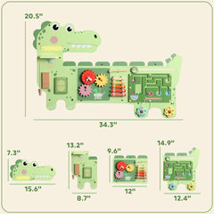 Qaba Busy Board Panels Wall-Mounted Montessori Sensory Toys Sensory Wall MDF 87 x 52 x 5.5 cm Dinosaur, Green