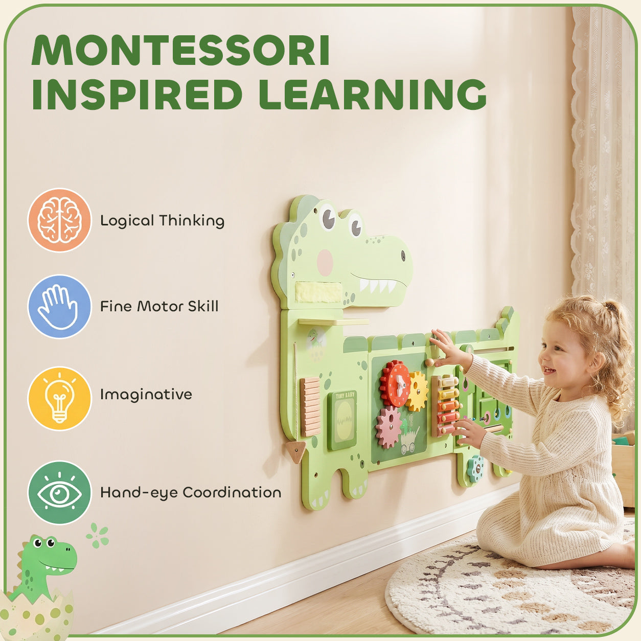 Qaba Busy Board Panels Wall-Mounted Montessori Sensory Toys Sensory Wall MDF 87 x 52 x 5.5 cm Dinosaur, Green
