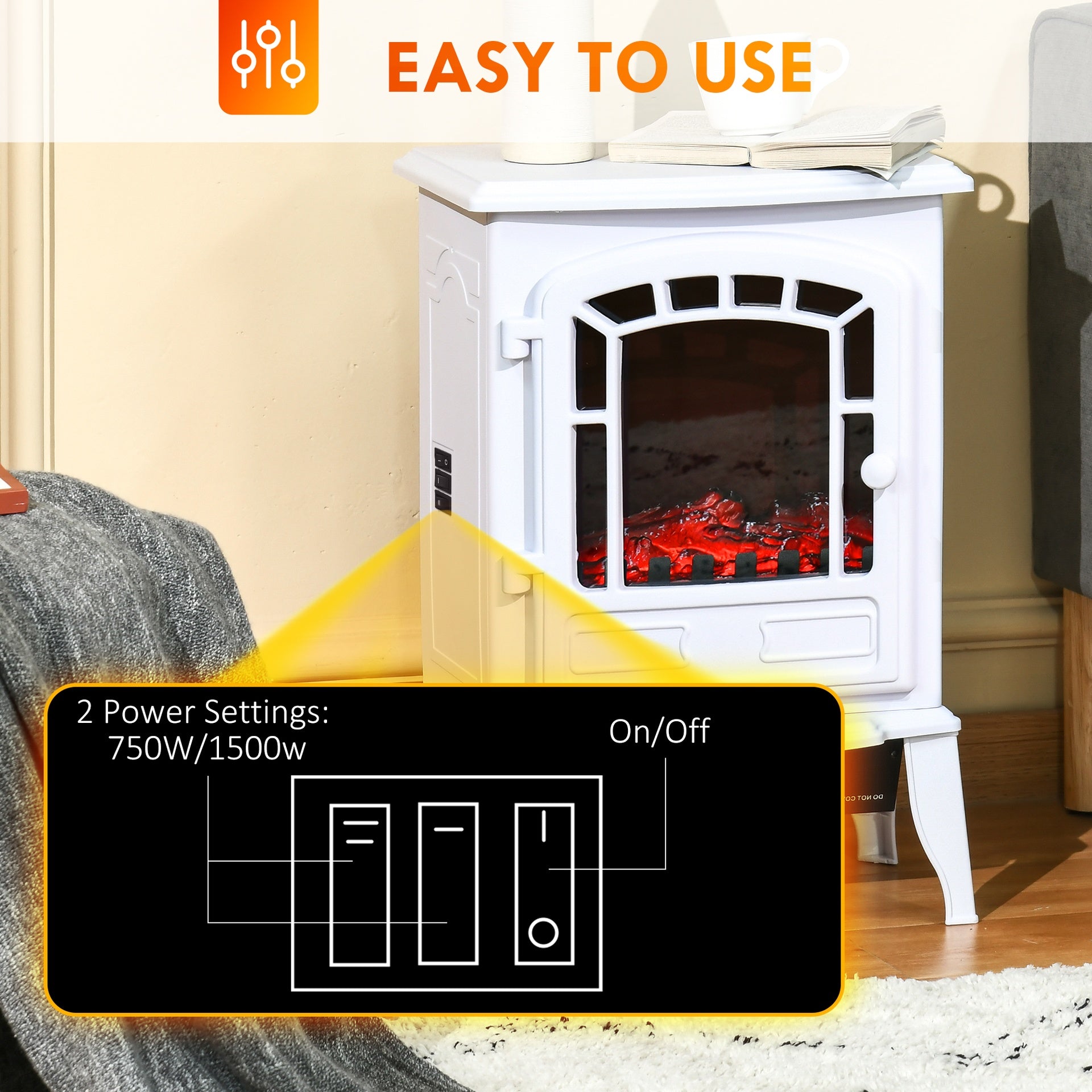 HOMCOM Electric Fireplace Heater, Freestanding Fireplace Stove with Realistic Flame Effect Overheat Protection 750W/1500W White