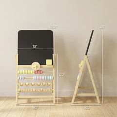Qaba Wooden Kids Art Easel with Double-Sided Chalkboard, Clock, Abacus, Blackboard Eraser for Painting, for Ages 2+, Natural