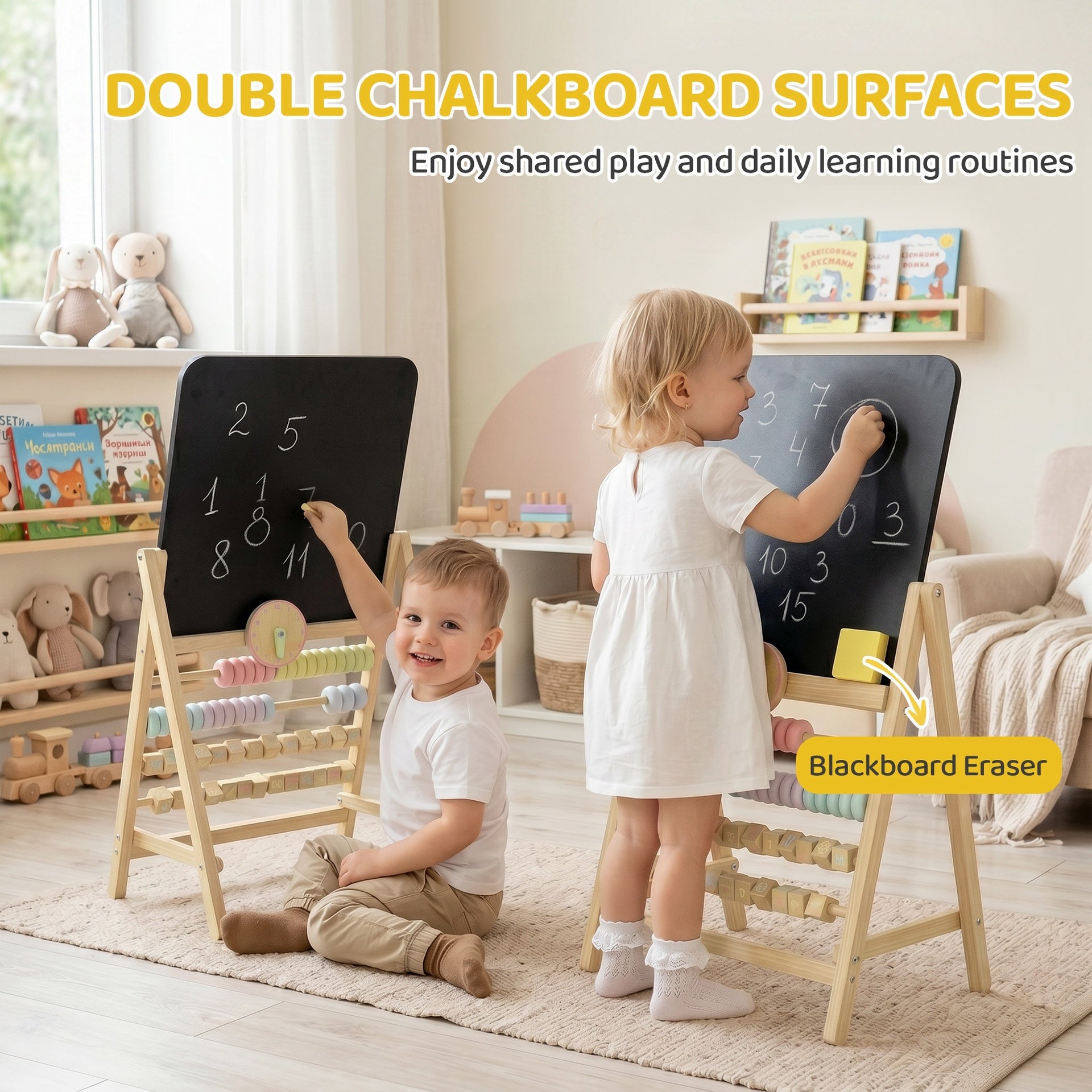 Qaba Wooden Kids Art Easel with Double-Sided Chalkboard, Clock, Abacus, Blackboard Eraser for Painting, for Ages 2+, Natural