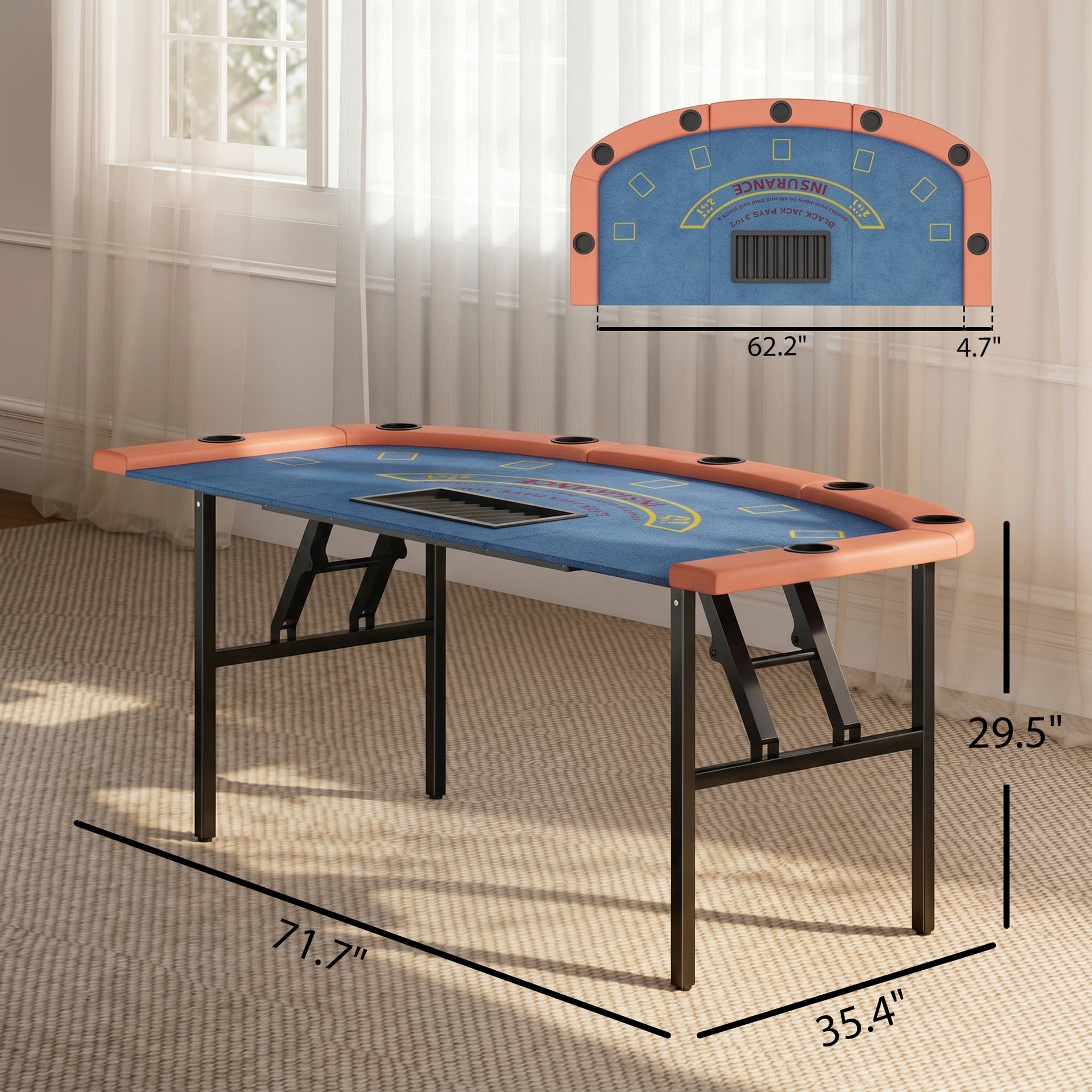 Soozier Poker Table Foldable, 72" Portable Casino Blackjack Table for 8 Players with Felt Surface, Cup Holders, Blue