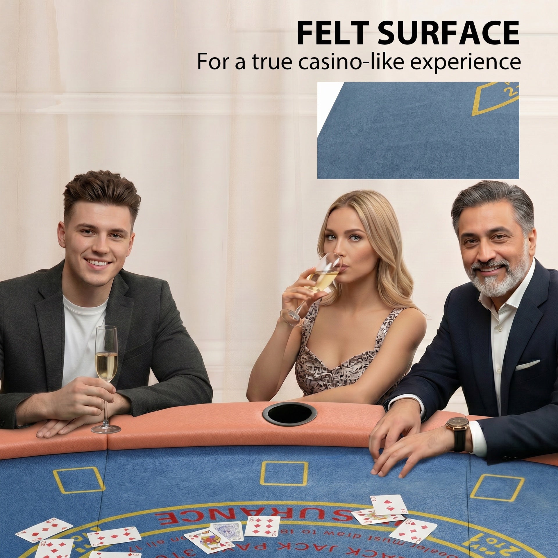 Soozier Poker Table Foldable, 72" Portable Casino Blackjack Table for 8 Players with Felt Surface, Cup Holders, Blue