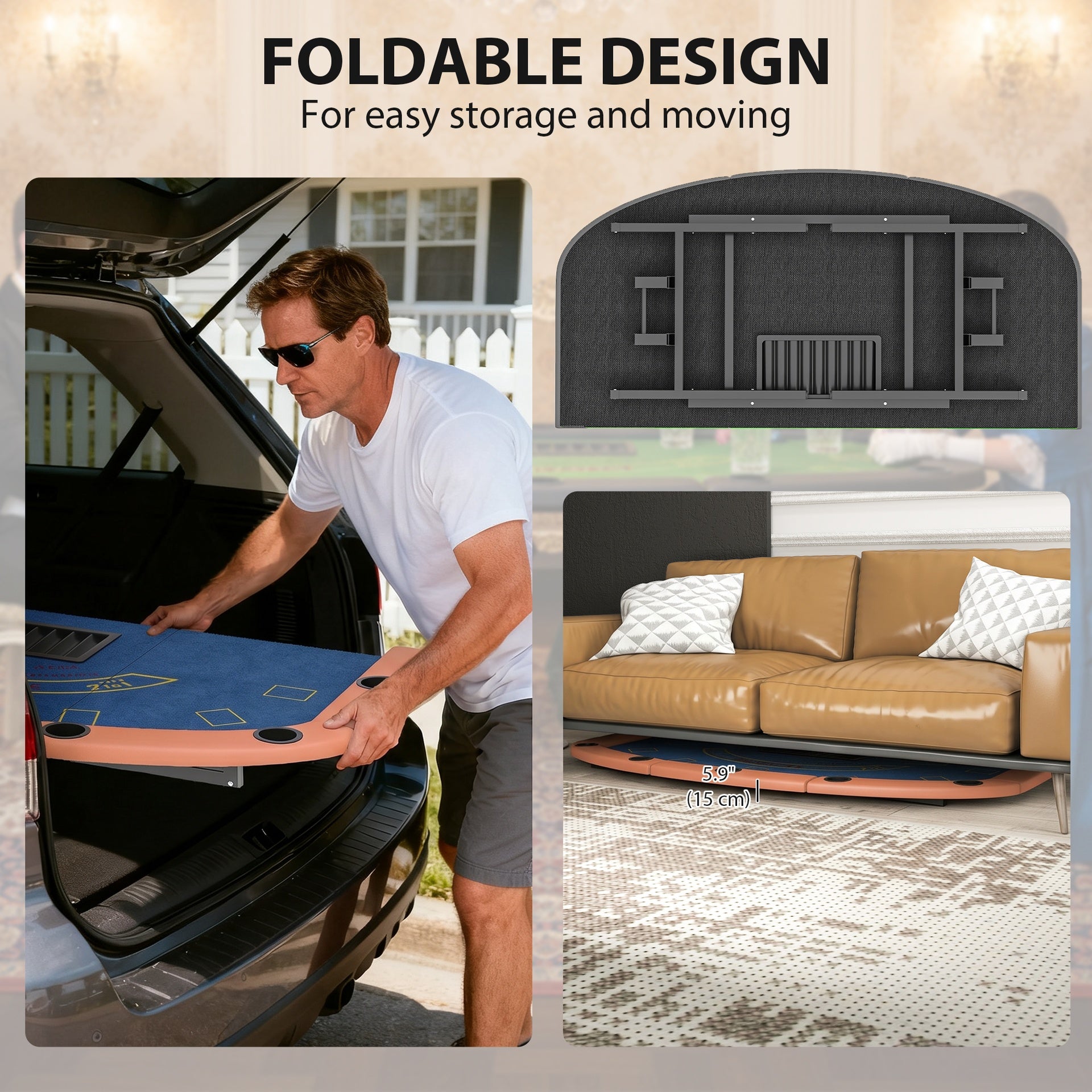 Soozier Poker Table Foldable, 72" Portable Casino Blackjack Table for 8 Players with Felt Surface, Cup Holders, Blue