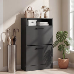 HOMCOM Shoe Cabinet 2 Flip Drawers Adjustable Dividers Shoe Storage Cabinet Top Shelf Entryway Black