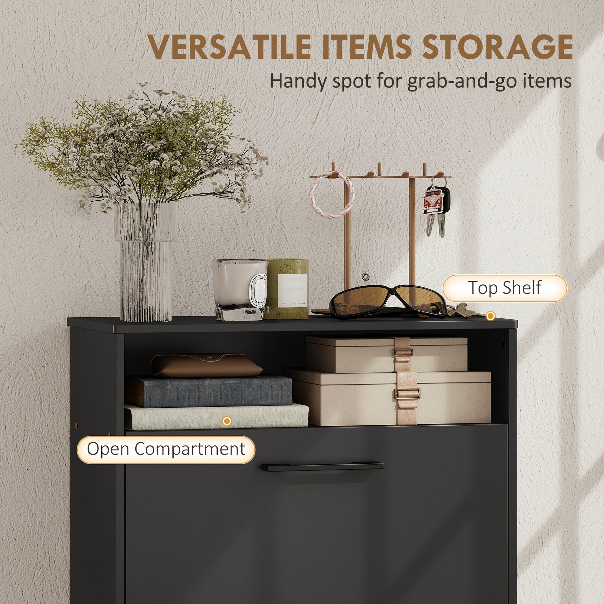 HOMCOM Shoe Cabinet 2 Flip Drawers Adjustable Dividers Shoe Storage Cabinet Top Shelf Entryway Black