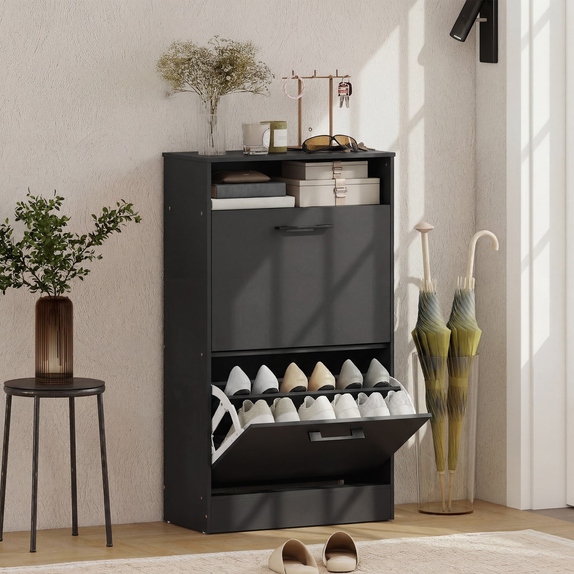 HOMCOM Shoe Cabinet 2 Flip Drawers Adjustable Dividers Shoe Storage Cabinet Top Shelf Entryway Black