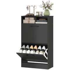 HOMCOM Shoe Cabinet 2 Flip Drawers Adjustable Dividers Shoe Storage Cabinet Top Shelf Entryway Black
