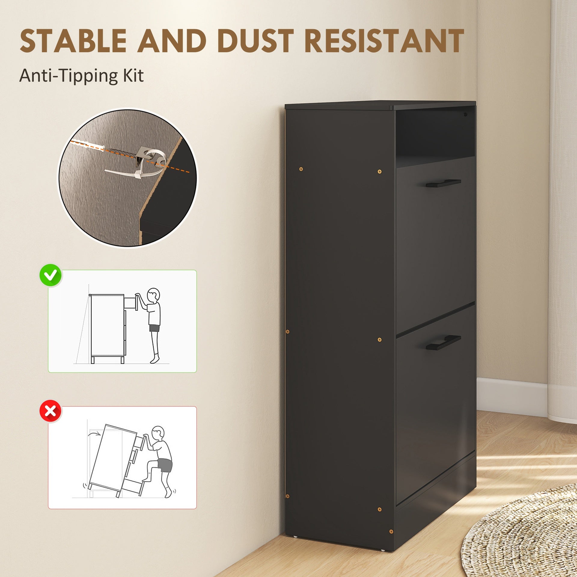 HOMCOM Shoe Cabinet 2 Flip Drawers Adjustable Dividers Shoe Storage Cabinet Top Shelf Entryway Black