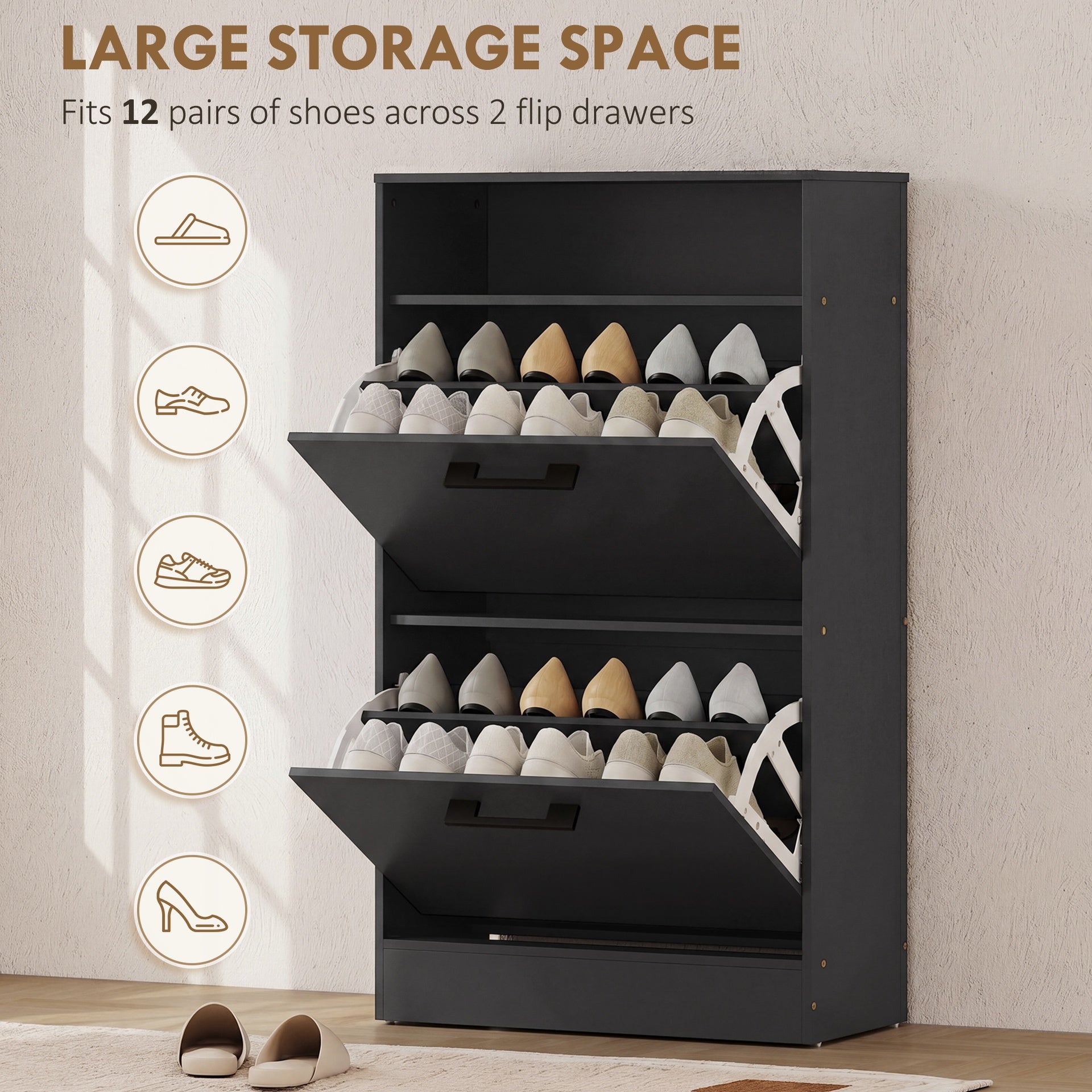 HOMCOM Shoe Cabinet 2 Flip Drawers Adjustable Dividers Shoe Storage Cabinet Top Shelf Entryway Black