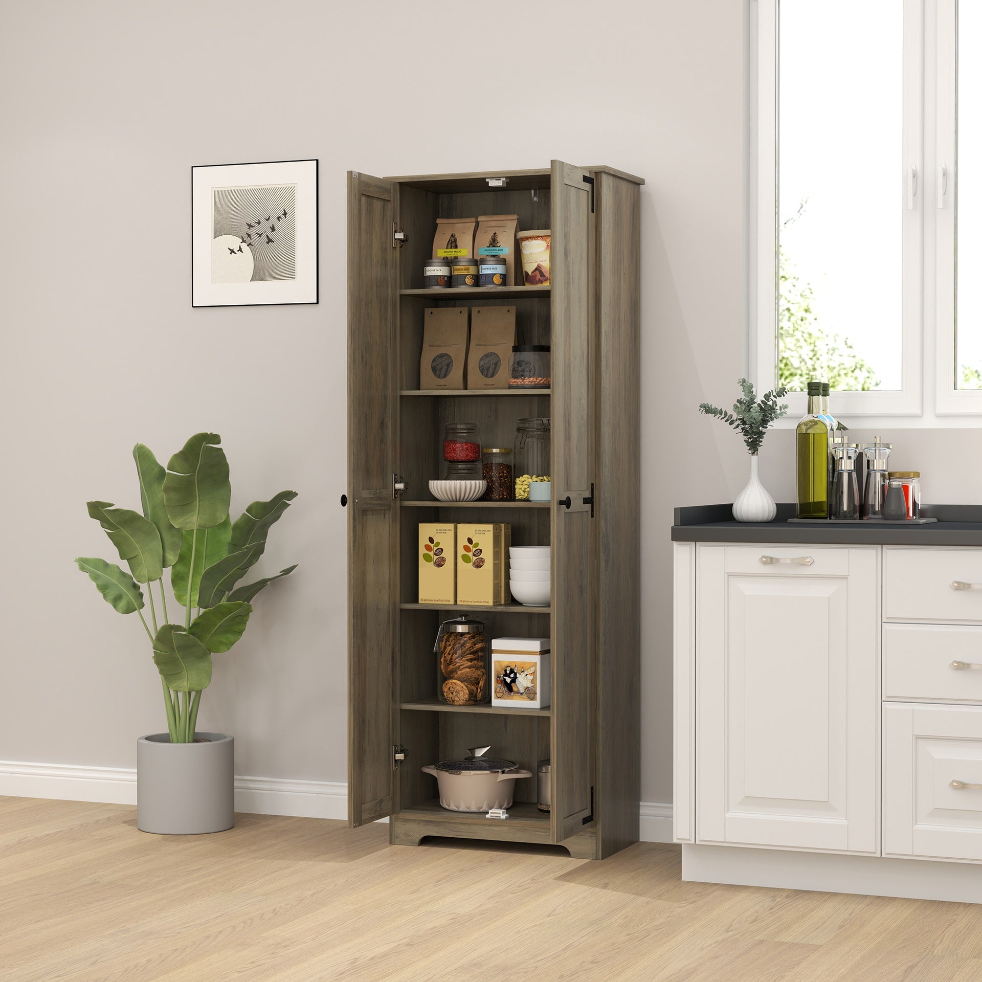 HOMCOM 67" Farmhouse Pantry Cabinet, Freestanding Food Pantry Cabinet with Adjustable Shelves, Distressed Gray