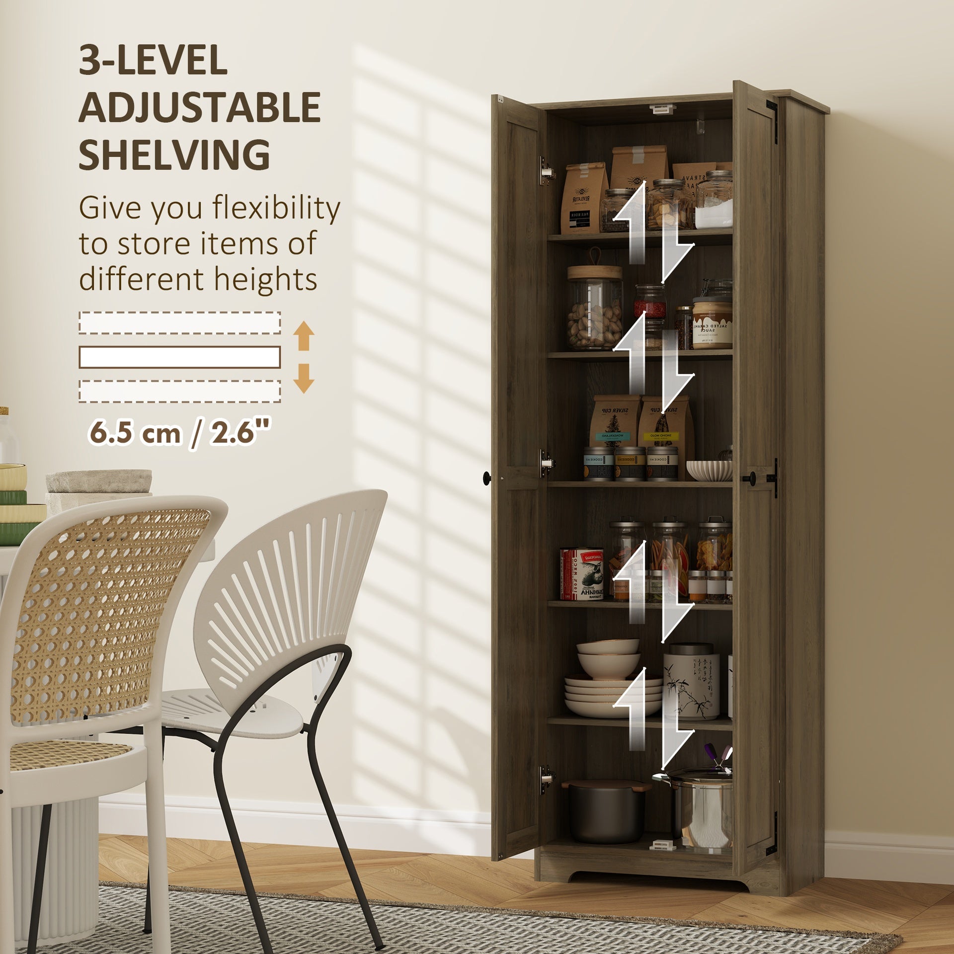 HOMCOM 67" Farmhouse Pantry Cabinet, Freestanding Food Pantry Cabinet with Adjustable Shelves, Distressed Gray
