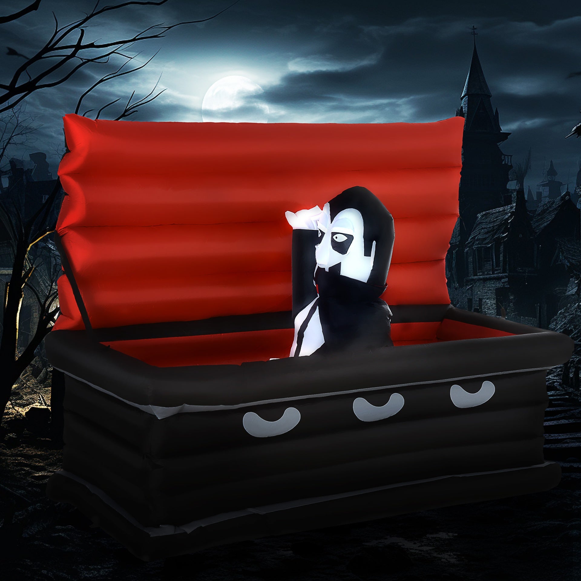 HOMCOM 6FT W Halloween Inflatables Outdoor Decorations Vampire and Giant Coffin, Blow Up LED Yard Decor, for Garden, Lawn, Party, Holiday