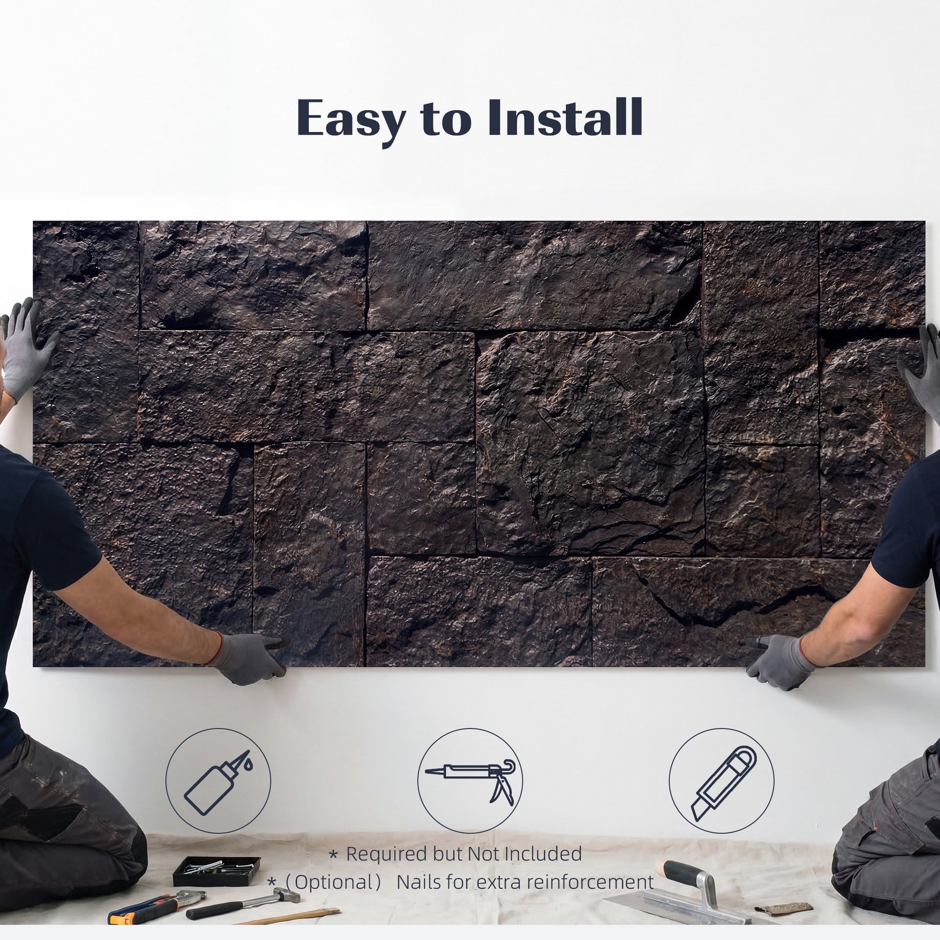 HOMCOM 8-Pack 3D Faux Stone Wall Panels, Lightweight Polyurethane Panels for Interior and Exterior Accent Walls, Black