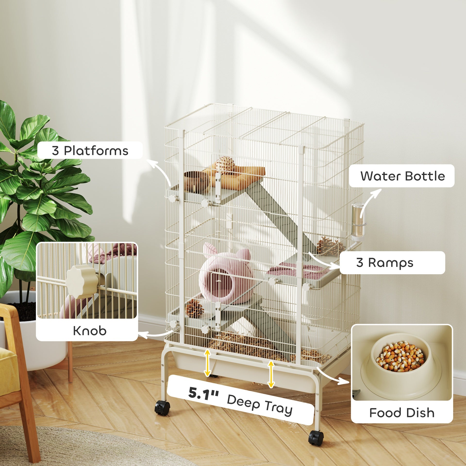 PawHut 47" Small Animal Cage, 4 Levels Large Rolling Metal Ferret Cage w/ 5.9" Deep Tray, Ramps, Water Bottle, Food Dish, Beige
