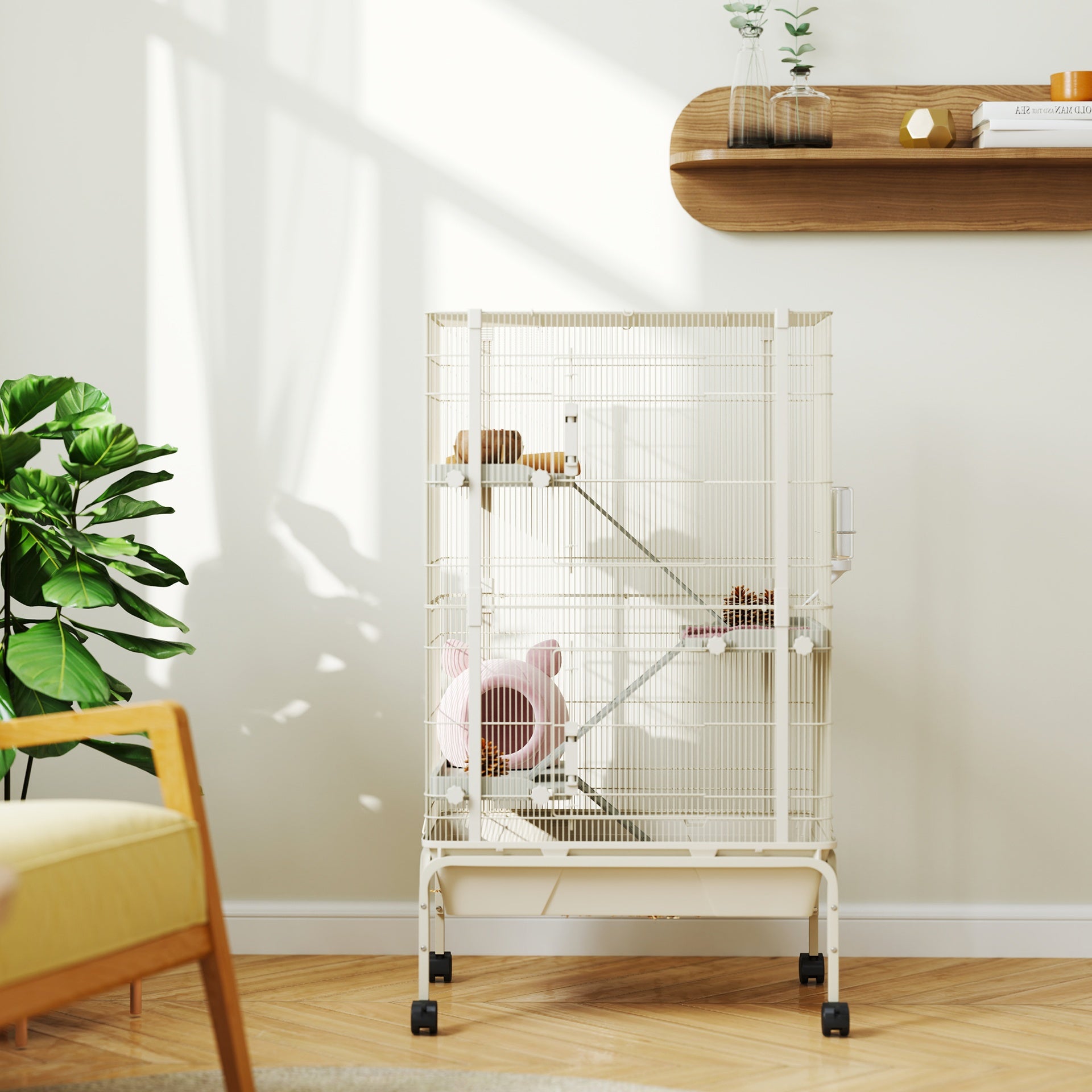 PawHut 47" Small Animal Cage, 4 Levels Large Rolling Metal Ferret Cage w/ 5.9" Deep Tray, Ramps, Water Bottle, Food Dish, Beige