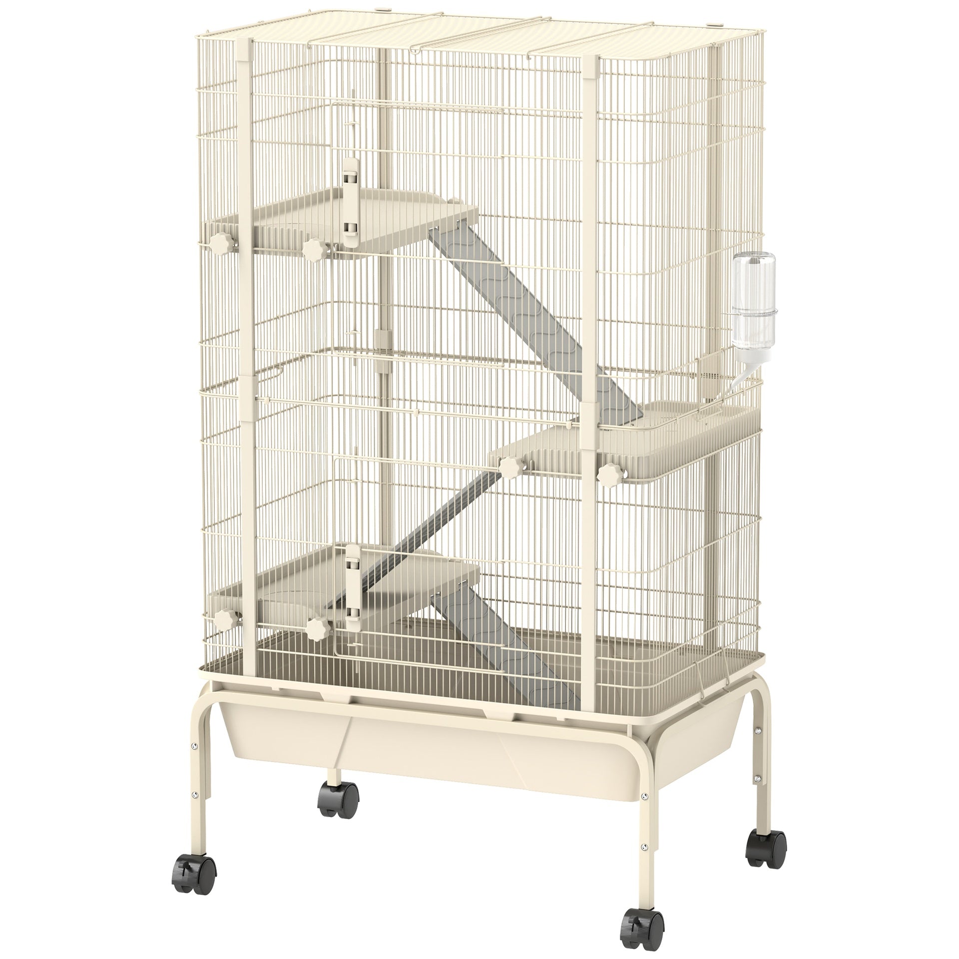 PawHut 47" Small Animal Cage, 4 Levels Large Rolling Metal Ferret Cage w/ 5.9" Deep Tray, Ramps, Water Bottle, Food Dish, Beige