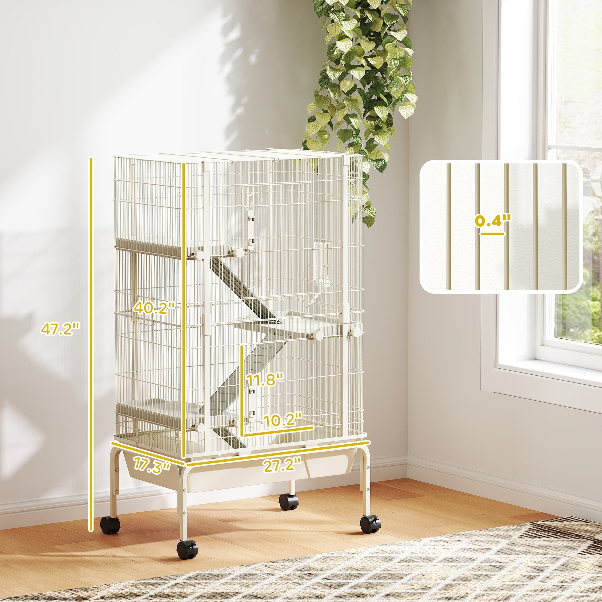 PawHut 47" Small Animal Cage, 4 Levels Large Rolling Metal Ferret Cage w/ 5.9" Deep Tray, Ramps, Water Bottle, Food Dish, Beige
