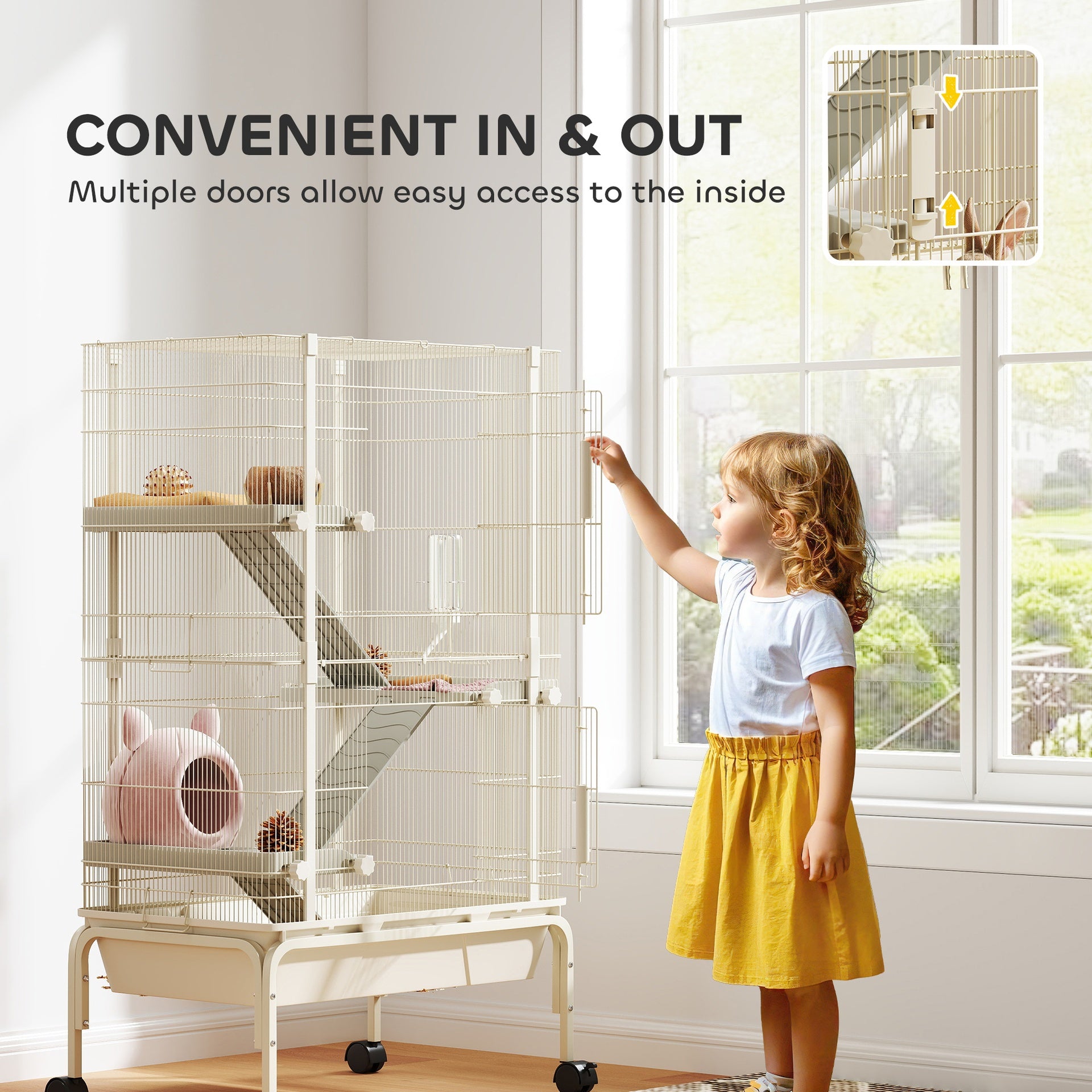 PawHut 47" Small Animal Cage, 4 Levels Large Rolling Metal Ferret Cage w/ 5.9" Deep Tray, Ramps, Water Bottle, Food Dish, Beige