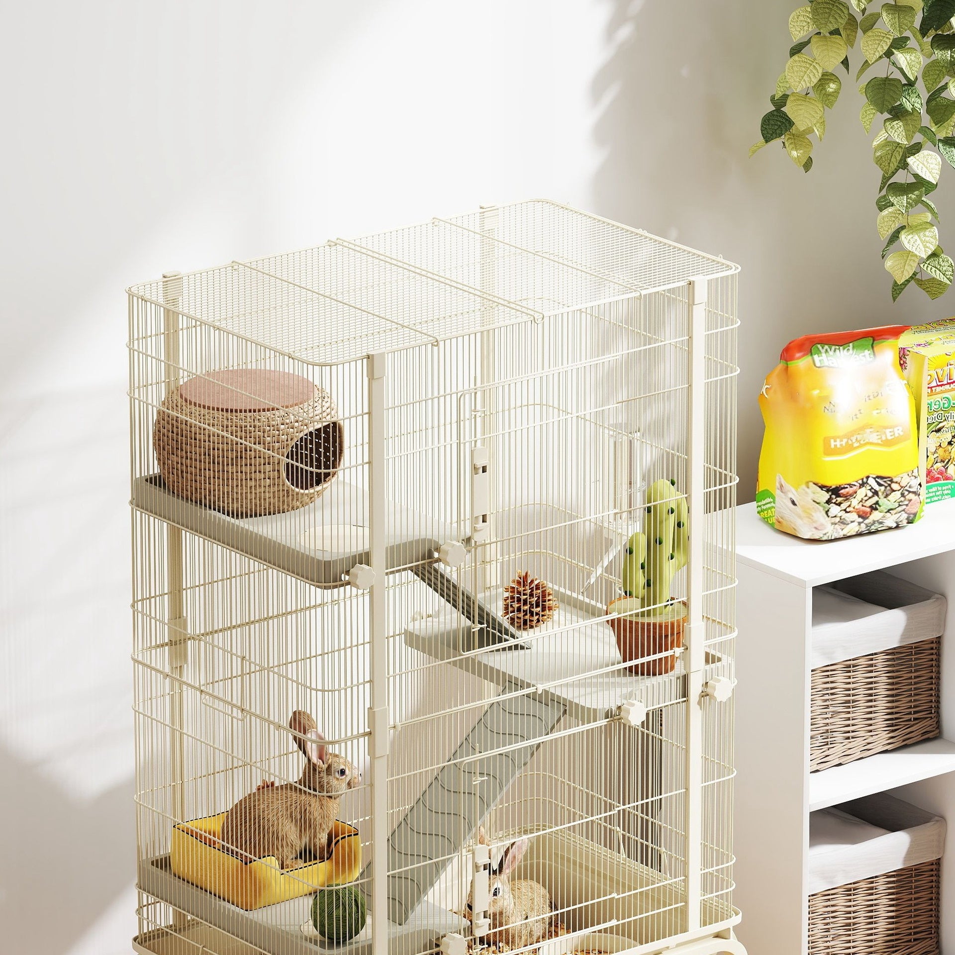 PawHut 47" Small Animal Cage, 4 Levels Large Rolling Metal Ferret Cage w/ 5.9" Deep Tray, Ramps, Water Bottle, Food Dish, Beige