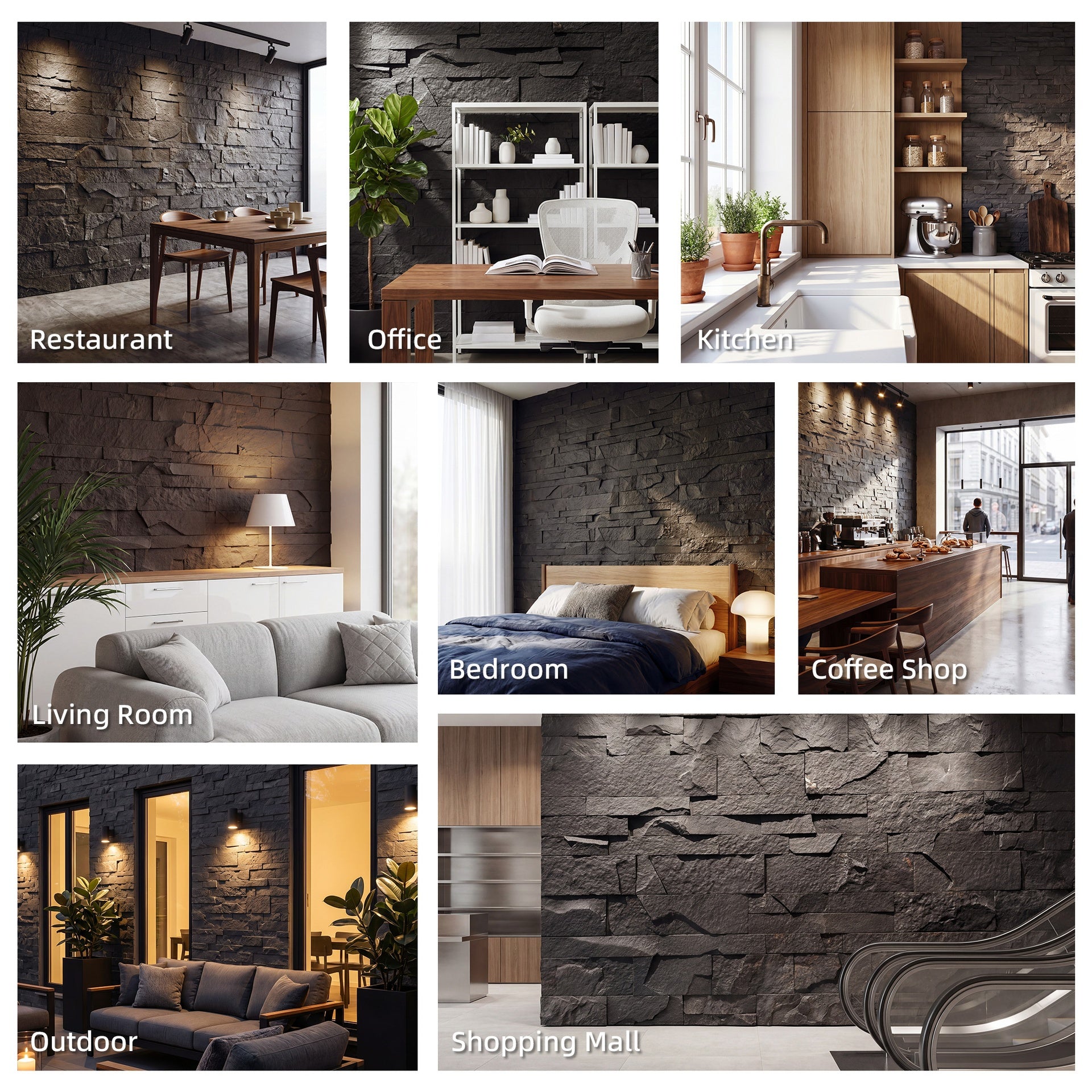 HOMCOM 8-Pack 3D Faux Stone Wall Panels, Lightweight Polyurethane Panels for Interior and Exterior Accent Walls, Black