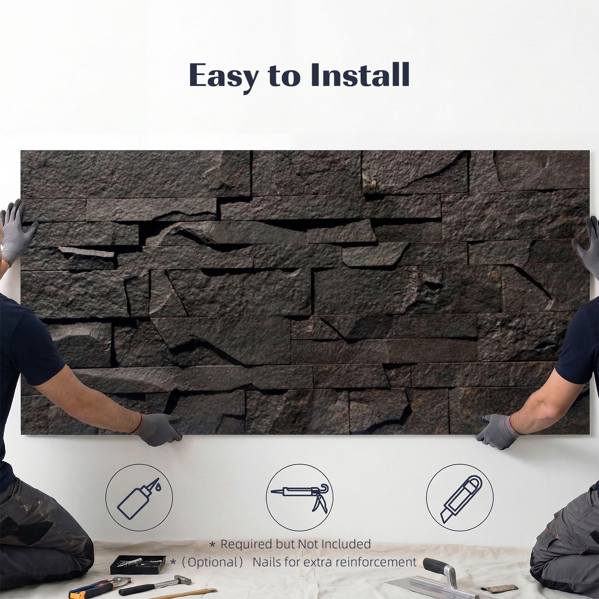 HOMCOM 8-Pack 3D Faux Stone Wall Panels, Lightweight Polyurethane Panels for Interior and Exterior Accent Walls, Black