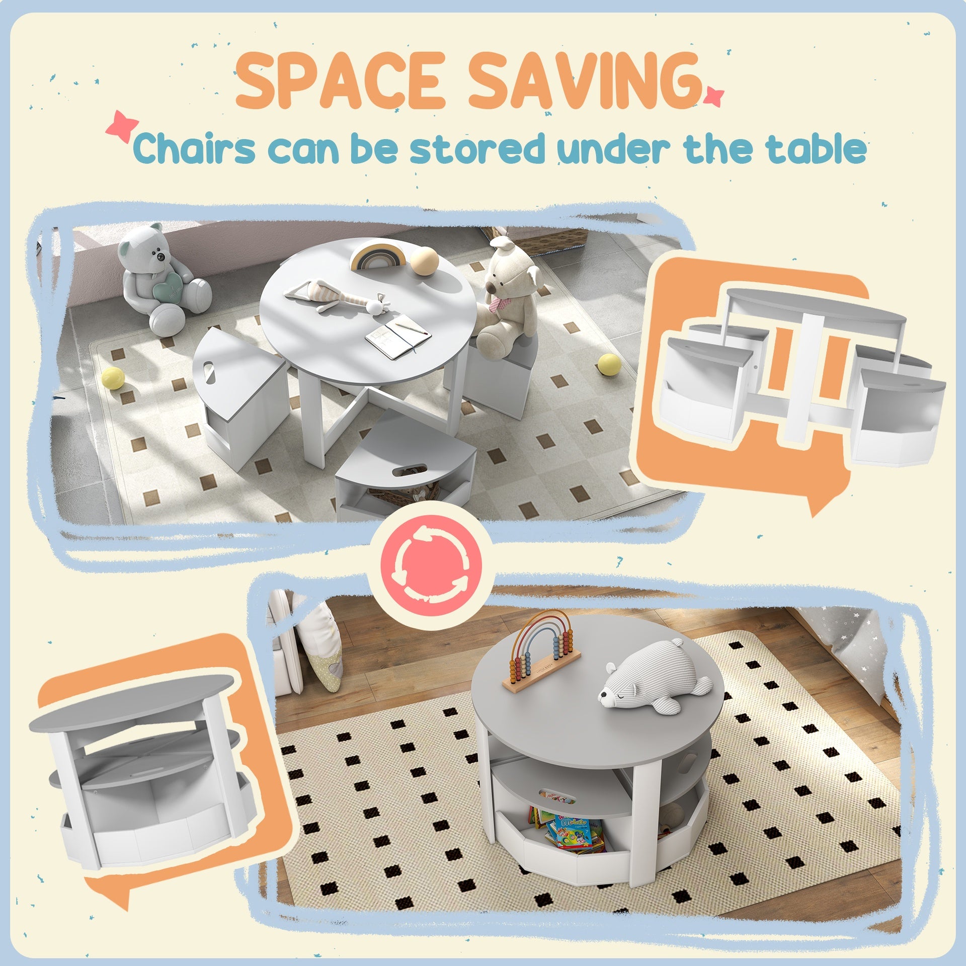 Qaba 5 Piece Kids Table and Chairs Set with Storage for Art, Craft, Drawing, Playroom, Classroom, Nursery, Gray