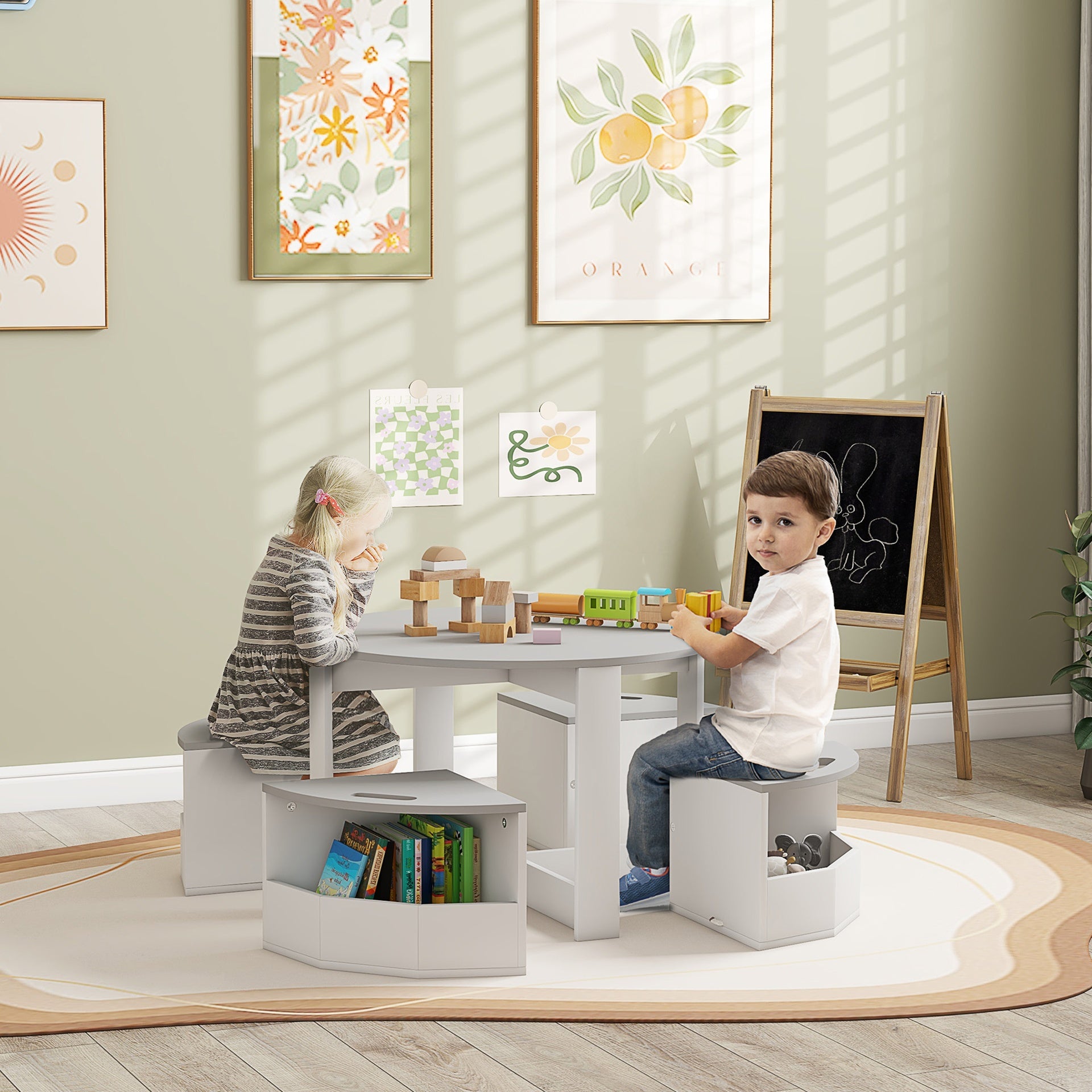Qaba 5 Piece Kids Table and Chairs Set with Storage for Art, Craft, Drawing, Playroom, Classroom, Nursery, Gray