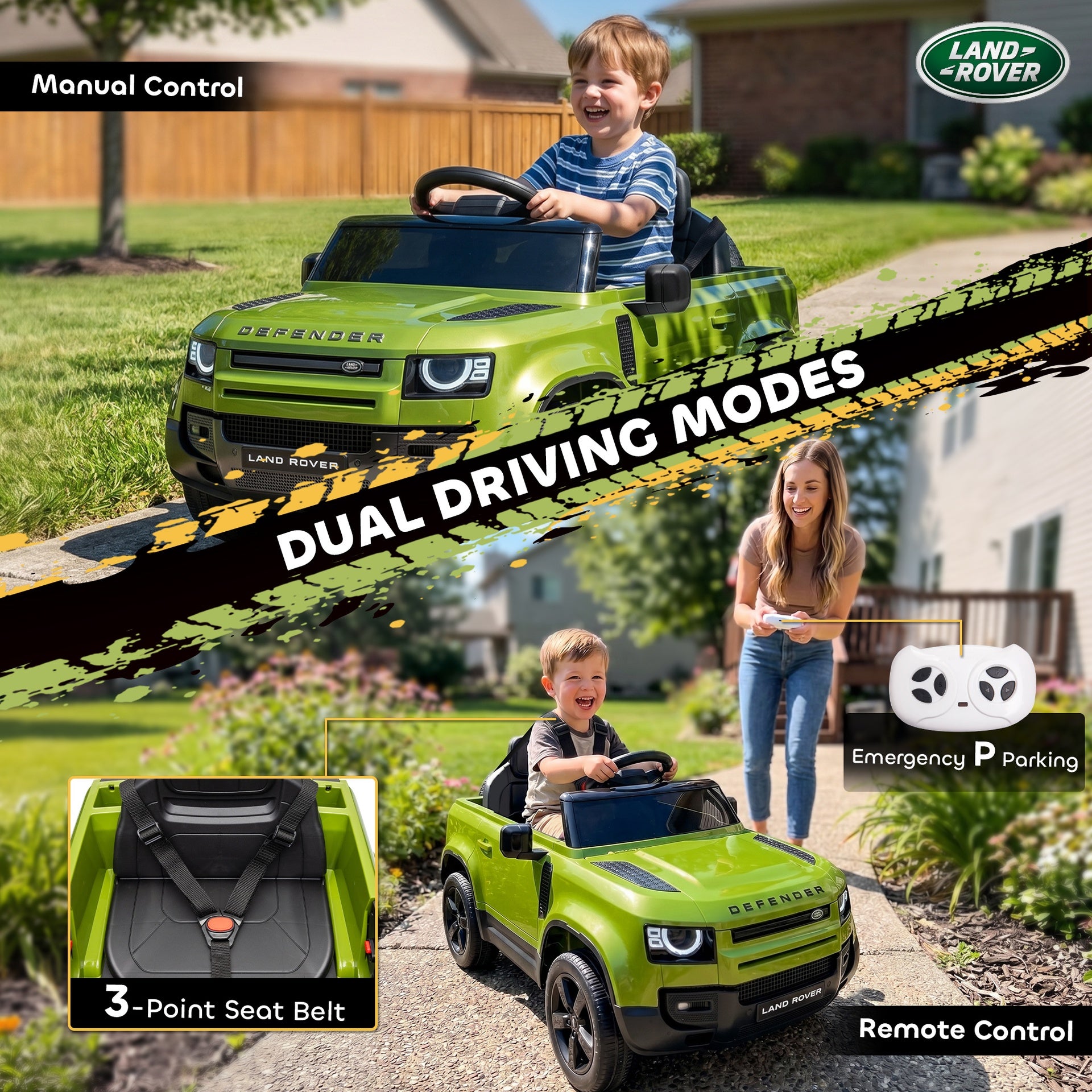 Qaba 12V Ride on Car Licensed Land Rover with Remote, Suspension, Slow Start, 3 Speeds, Lights, Music, Horn for 3-5, Green