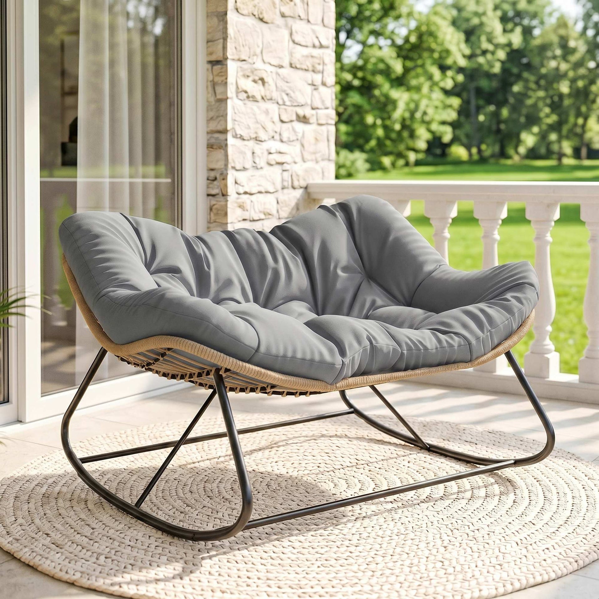 Outsunny Indoor Outdoor Double Papasan Rocking Chair, Oversized Rocking Egg Chair with Cushion for Garden, Patio, Gray