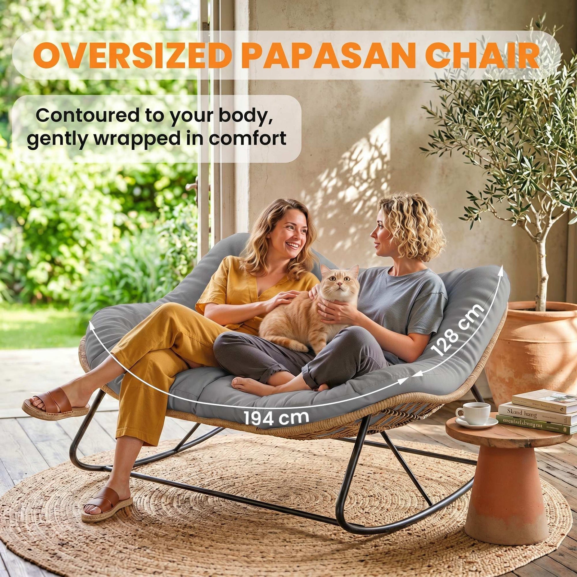 Outsunny Indoor Outdoor Double Papasan Rocking Chair, Oversized Rocking Egg Chair with Cushion for Garden, Patio, Gray