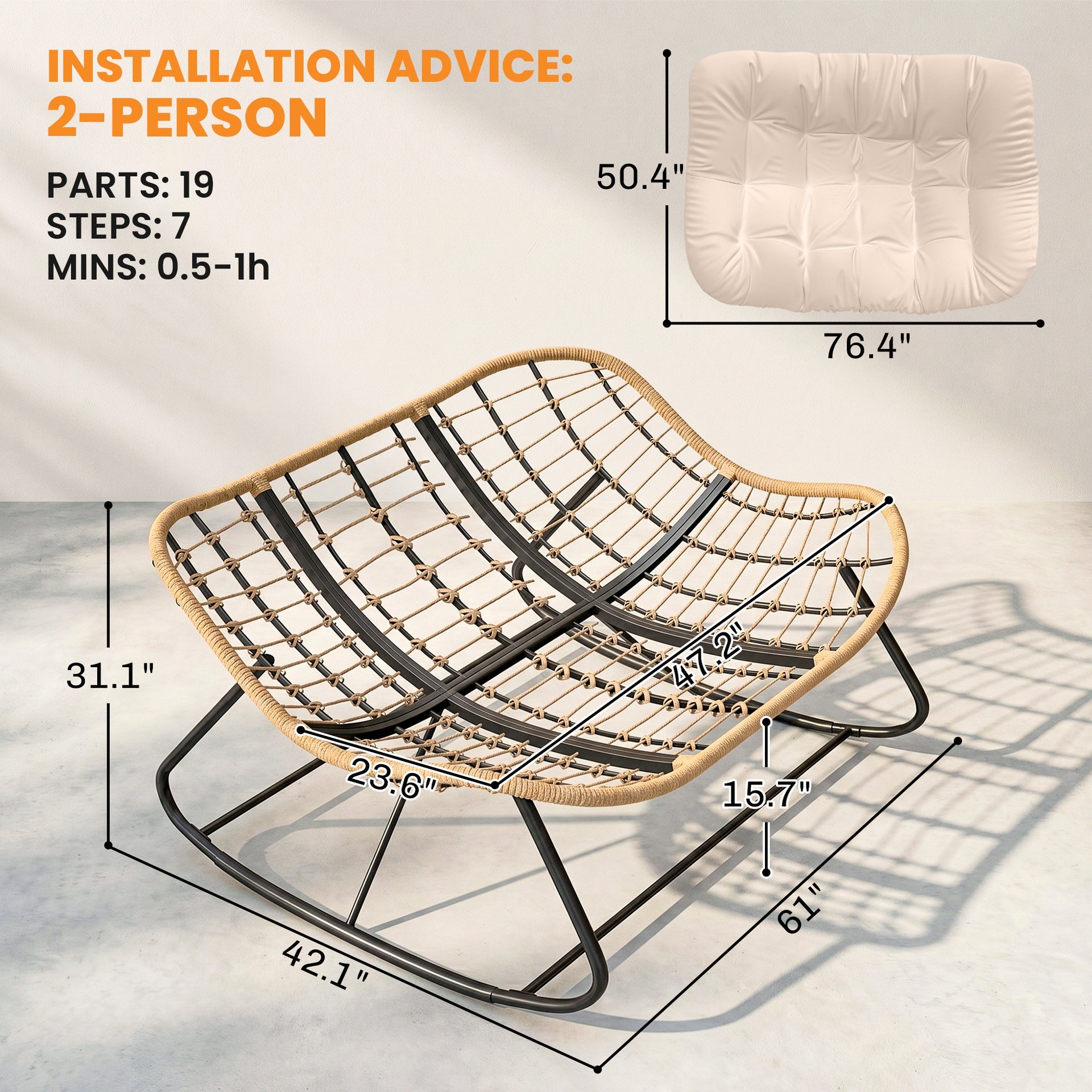 Outsunny Indoor Outdoor Double Papasan Rocking Chair, Oversized Rocking Egg Chair with Cushion for Garden, Patio, Cream White