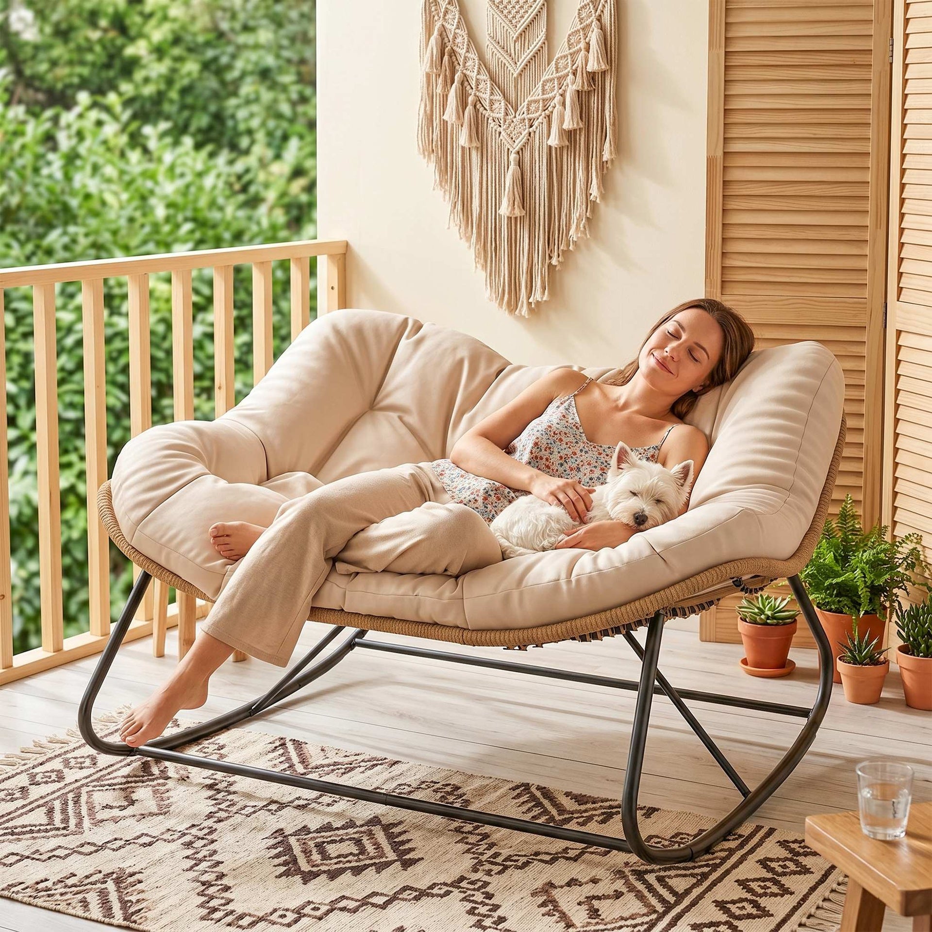 Outsunny Indoor Outdoor Double Papasan Rocking Chair, Oversized Rocking Egg Chair with Cushion for Garden, Patio, Cream White