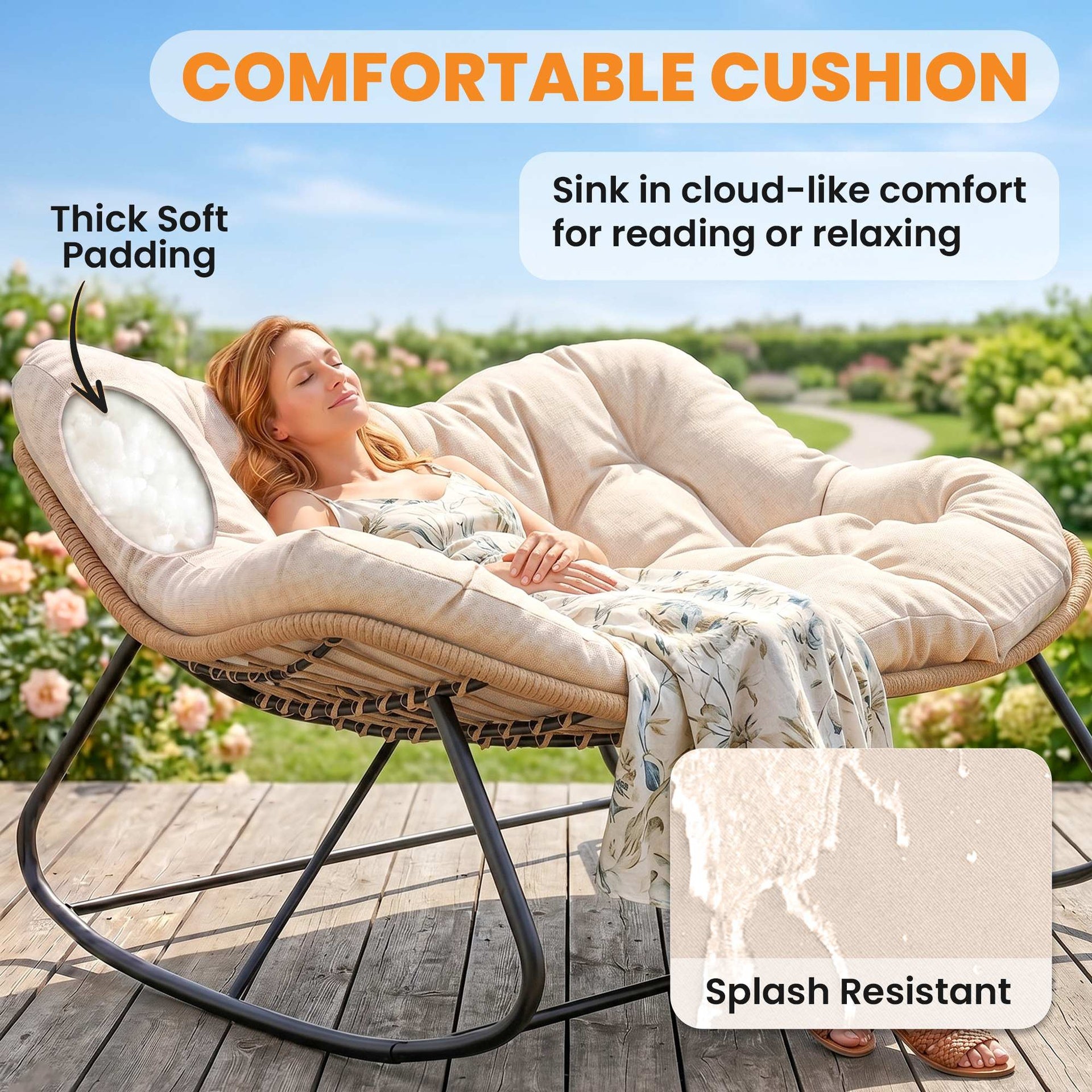 Outsunny Indoor Outdoor Double Papasan Rocking Chair, Oversized Rocking Egg Chair with Cushion for Garden, Patio, Cream White