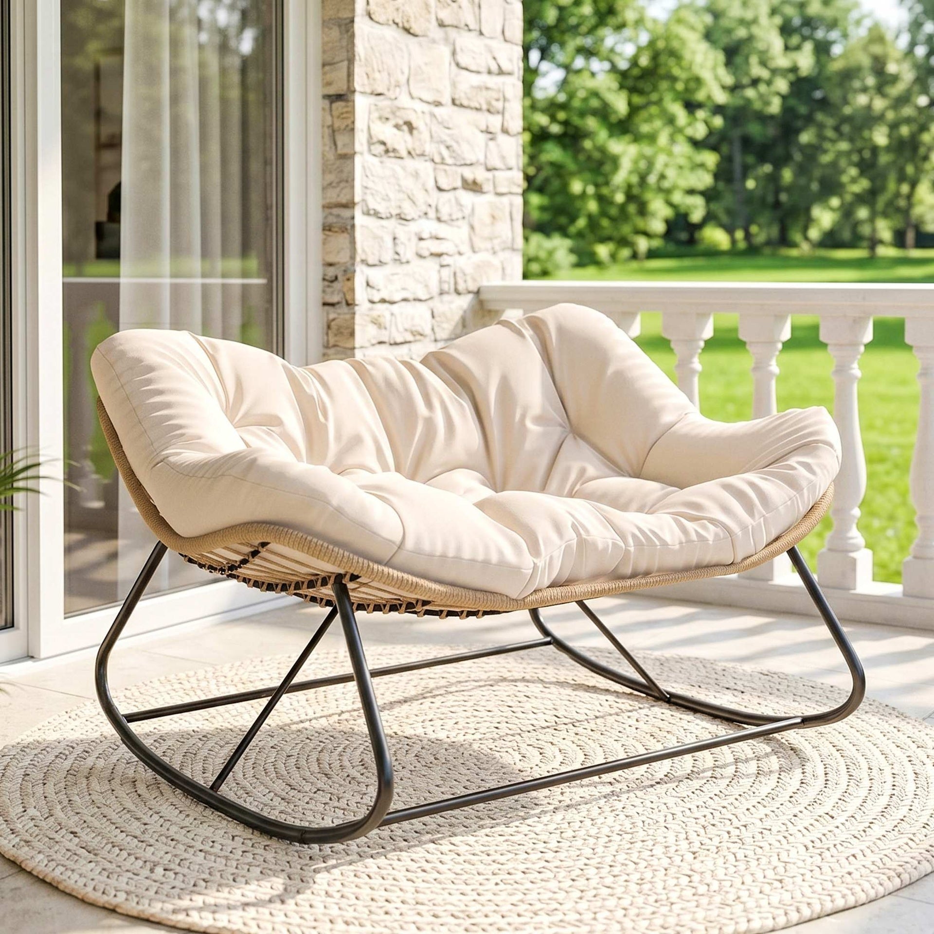 Outsunny Indoor Outdoor Double Papasan Rocking Chair, Oversized Rocking Egg Chair with Cushion for Garden, Patio, Cream White