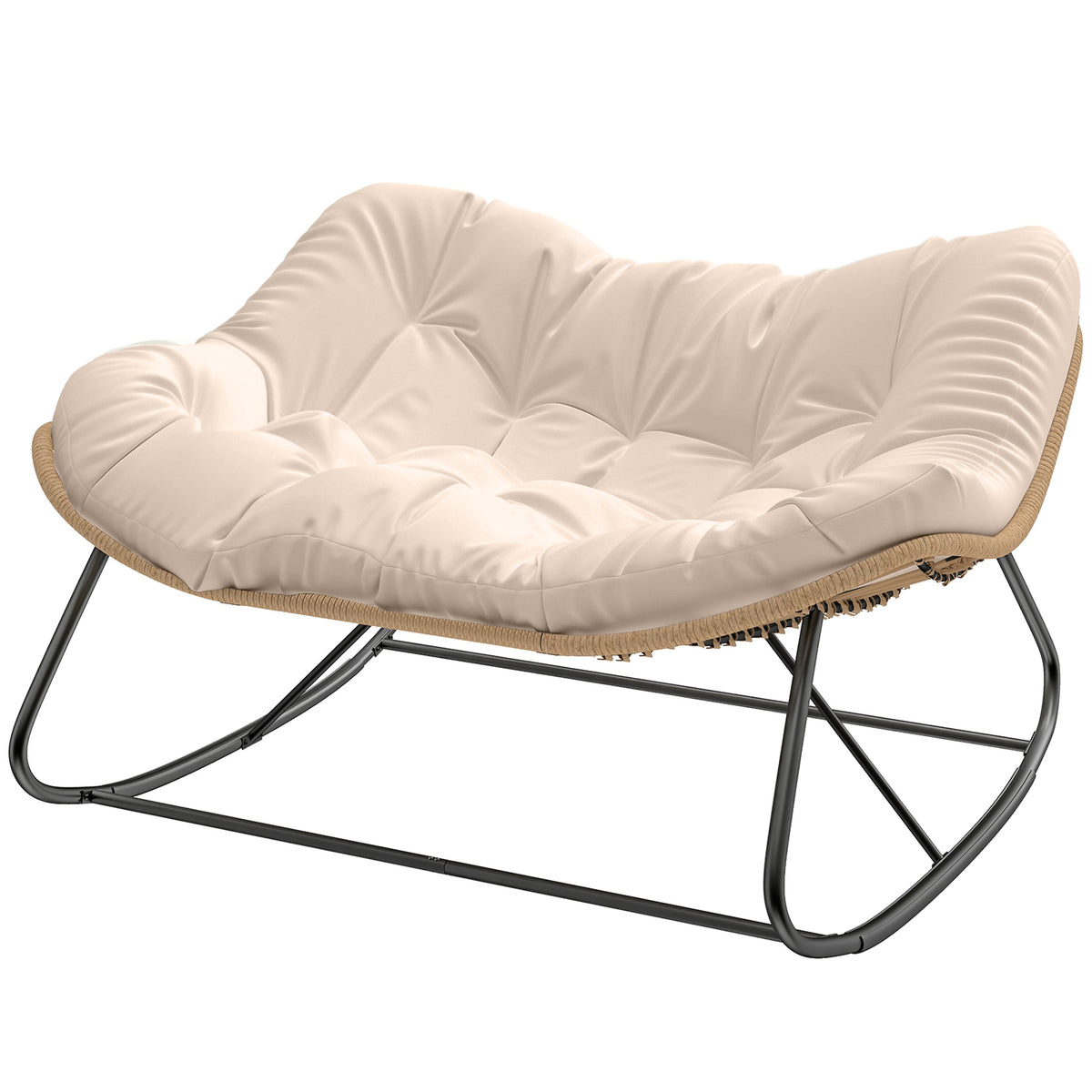 Outsunny Indoor Outdoor Double Papasan Rocking Chair, Oversized Rocking Egg Chair with Cushion for Garden, Patio, Cream White