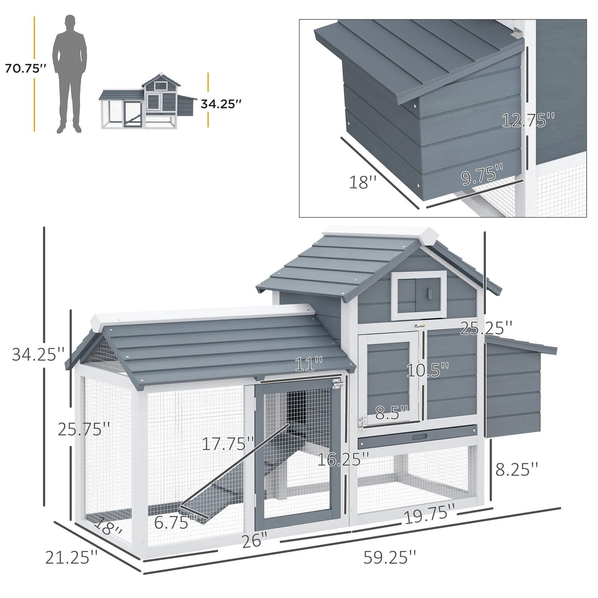 PawHut 59" Small Wooden Chicken Coop Hen House Poultry Cage for Outdoor Backyard with 2 Doors, Nesting Box and Removable Tray, White