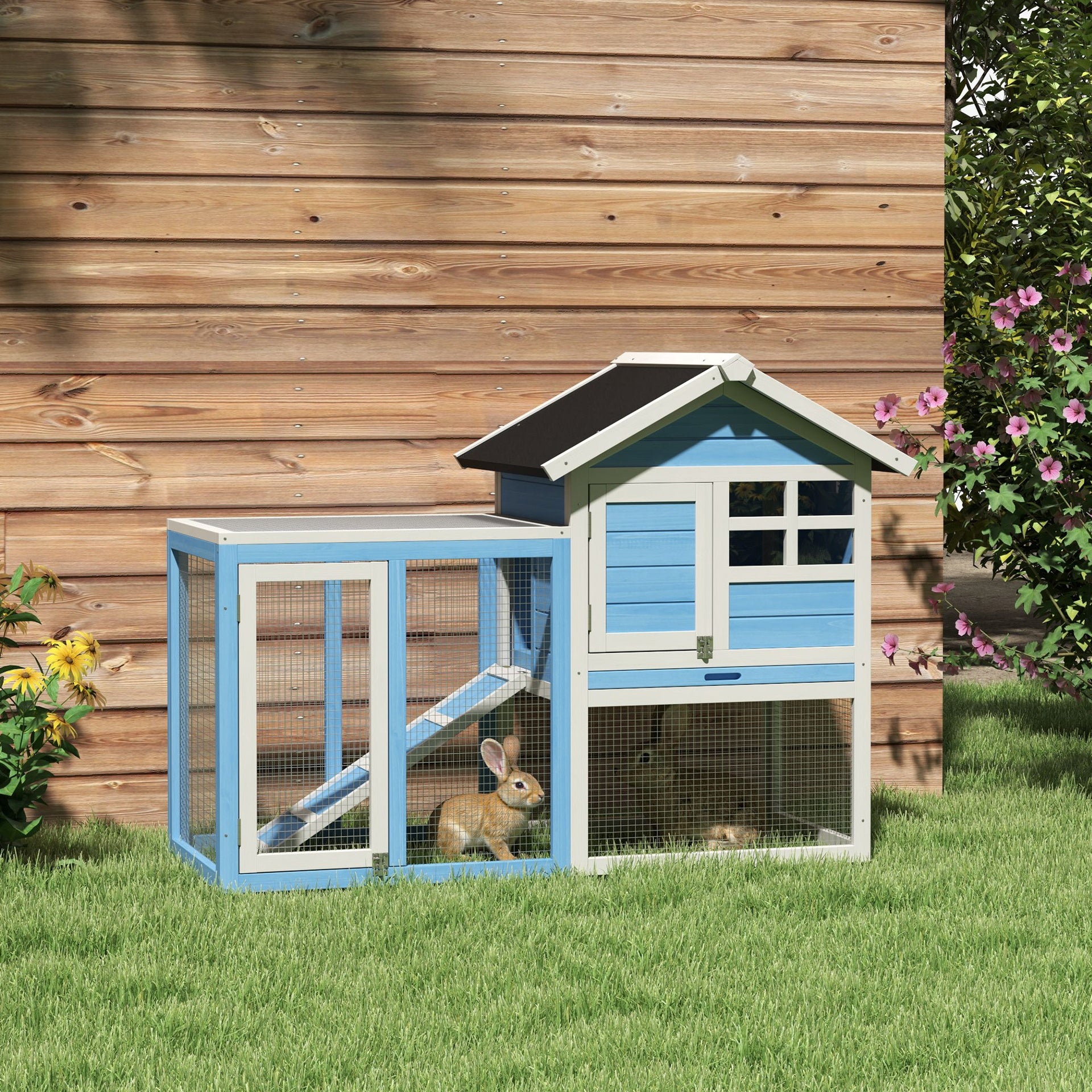 PawHut 49" Wooden Rabbit Hutch Bunny Cage with Waterproof Asphalt Roof, Fun Outdoor Run, Removable Tray and Ramp, for Rabbits, Chickens, Ducks, Light Blue