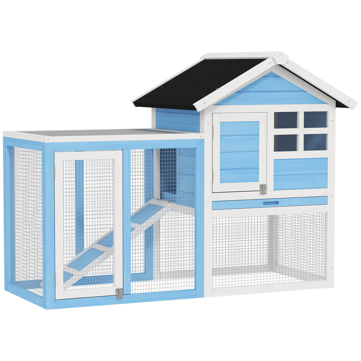 PawHut 49" Wooden Rabbit Hutch Bunny Cage with Waterproof Asphalt Roof, Fun Outdoor Run, Removable Tray and Ramp, for Rabbits, Chickens, Ducks, Light Blue