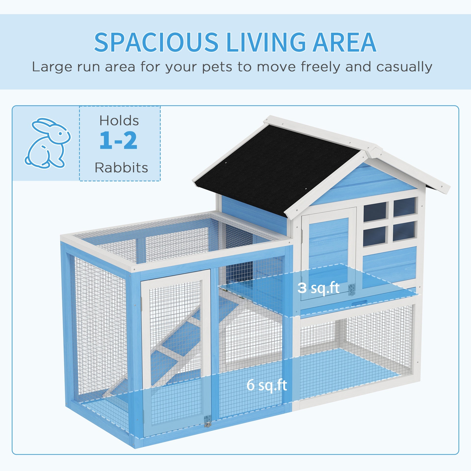 PawHut 49" Wooden Rabbit Hutch Bunny Cage with Waterproof Asphalt Roof, Fun Outdoor Run, Removable Tray and Ramp, for Rabbits, Chickens, Ducks, Light Blue
