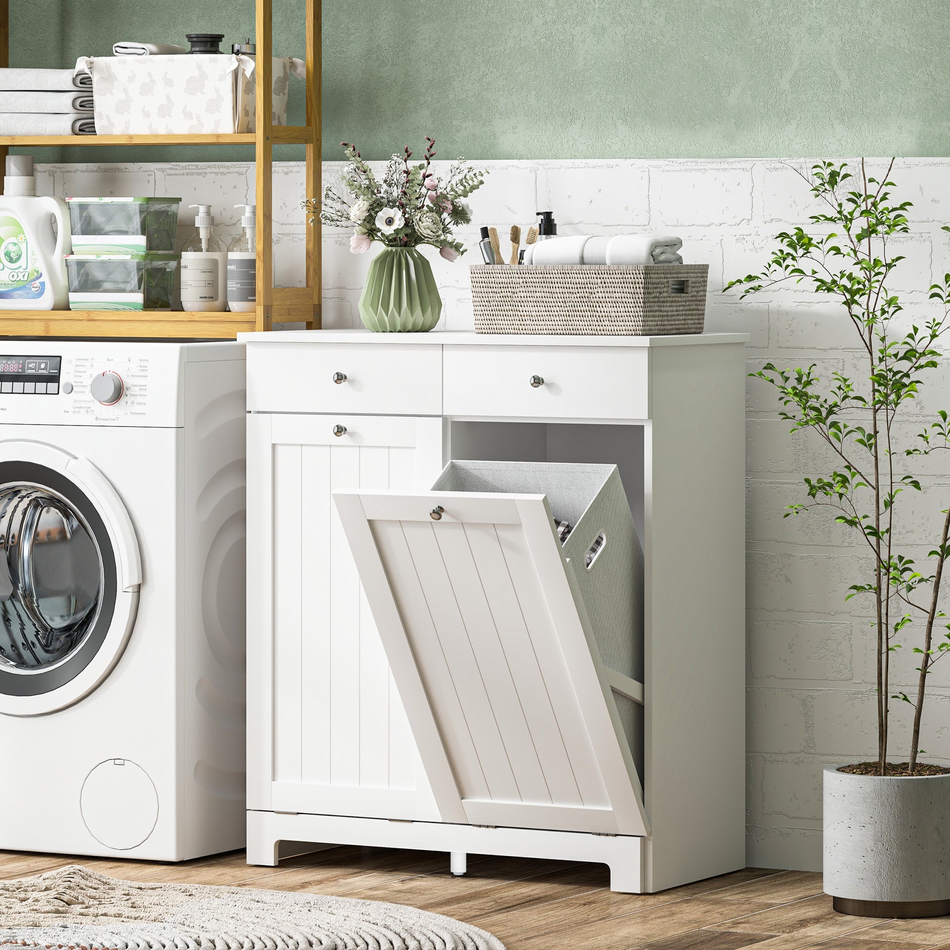 HOMCOM Laundry Hamper Cabinet, Laundry Cabinet with 2 Tilt Out Laundry Baskets and 2 Drawers, White
