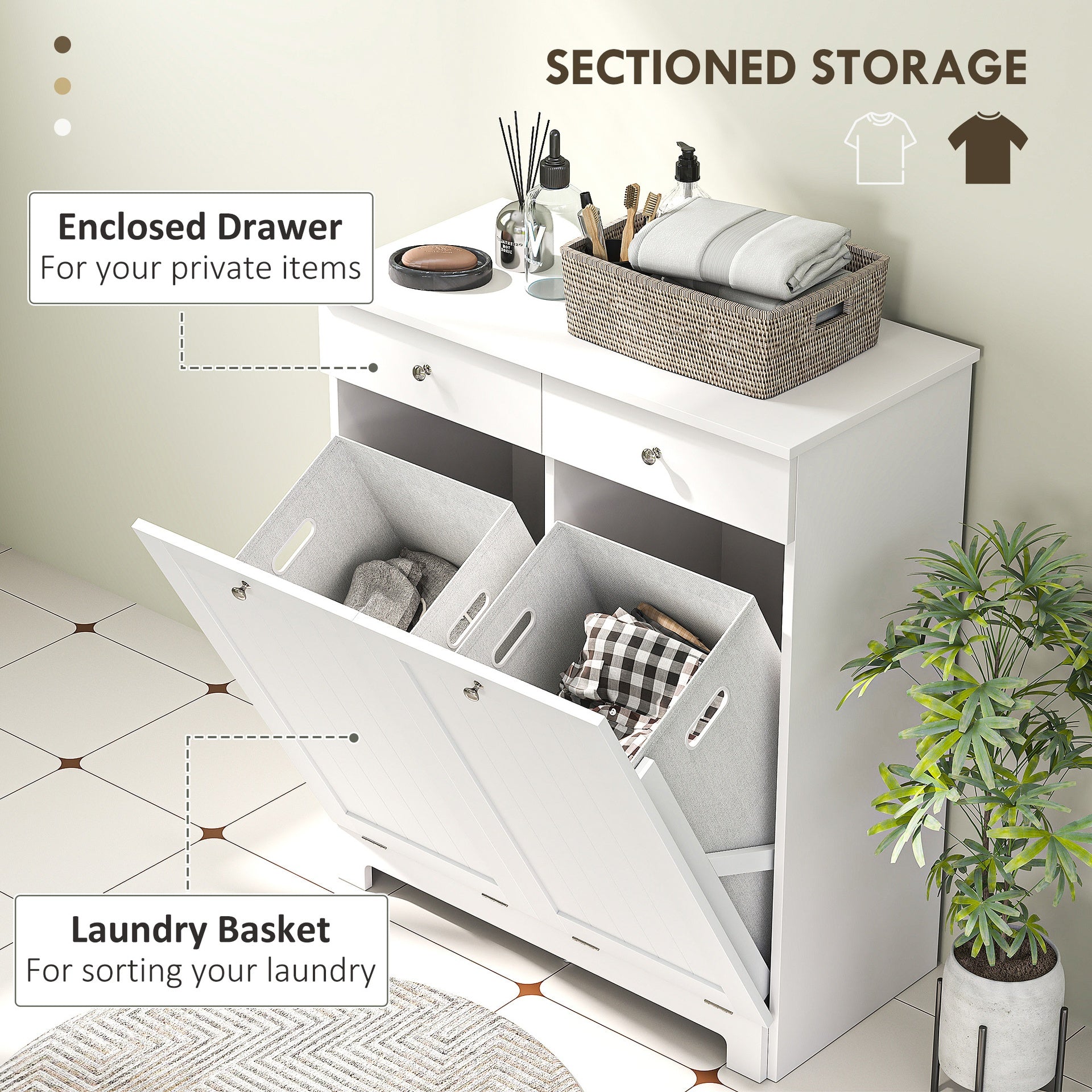 HOMCOM Laundry Hamper Cabinet, Laundry Cabinet with 2 Tilt Out Laundry Baskets and 2 Drawers, White