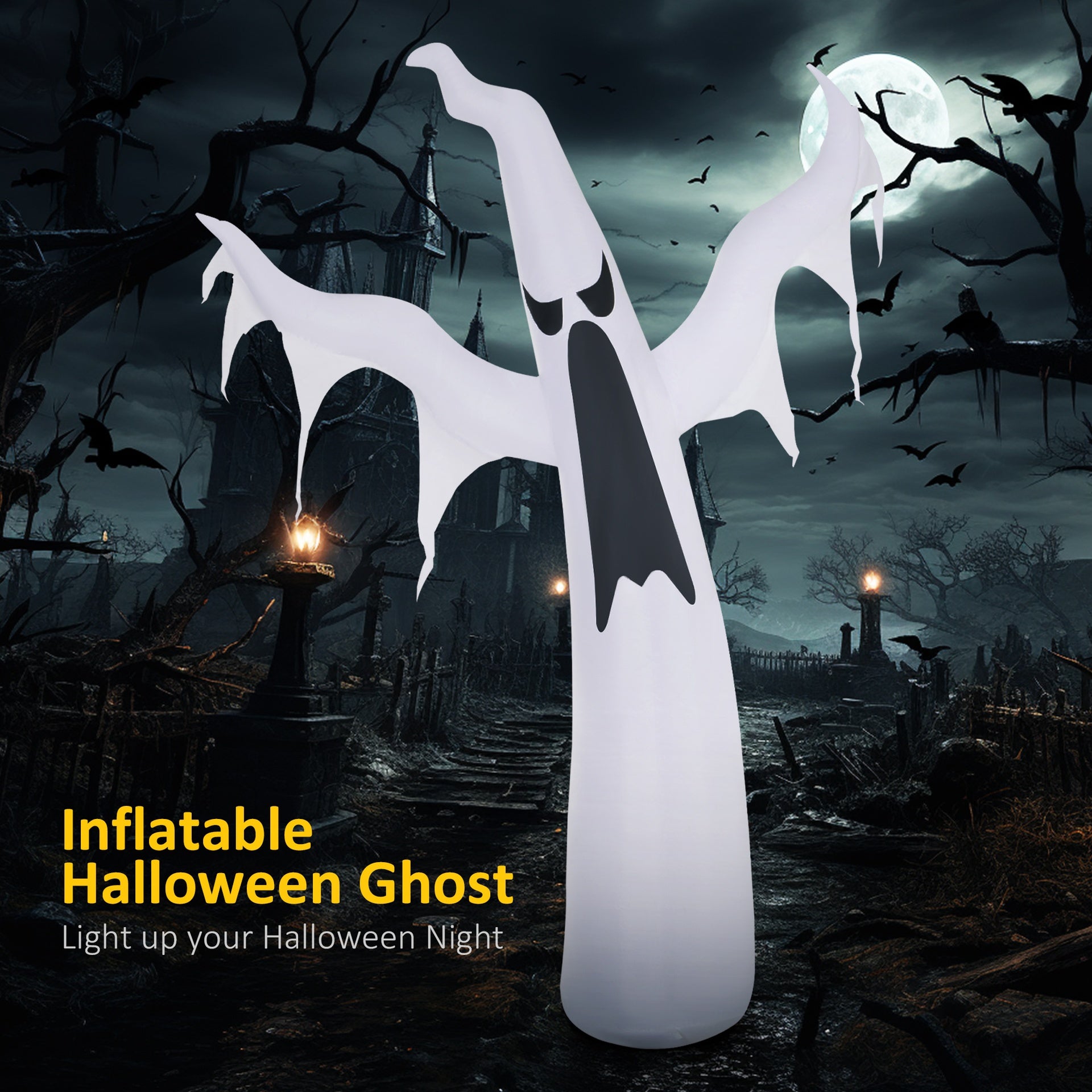 HOMCOM 6' Tall Halloween Inflatables Outdoor Decorations White Ghost, Light Up Blow Up Yard Decor with LED Light and Fan Indoor Outdoor for Garden, Lawn, Party, Holiday
