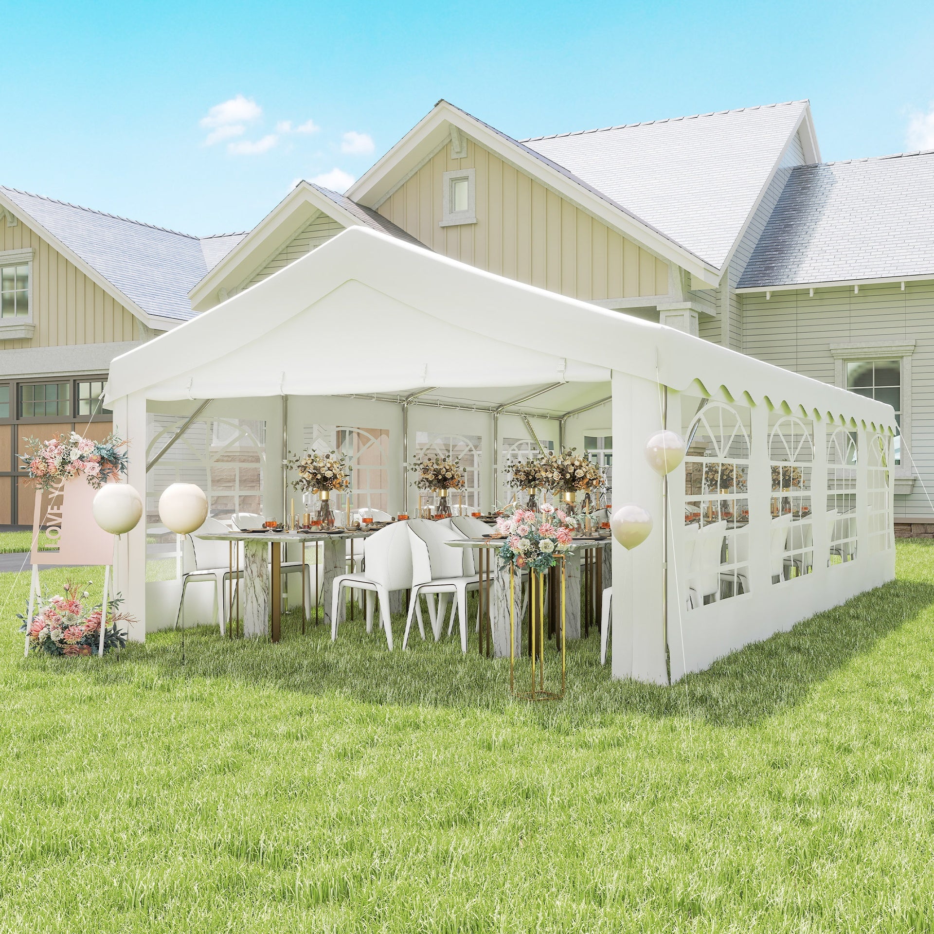 Outsunny Heavy Duty Party Tent, 13x26 ft Outdoor Wedding Event Shelter, with Removable Sidewalls & Windows, for Family Gatherings, White