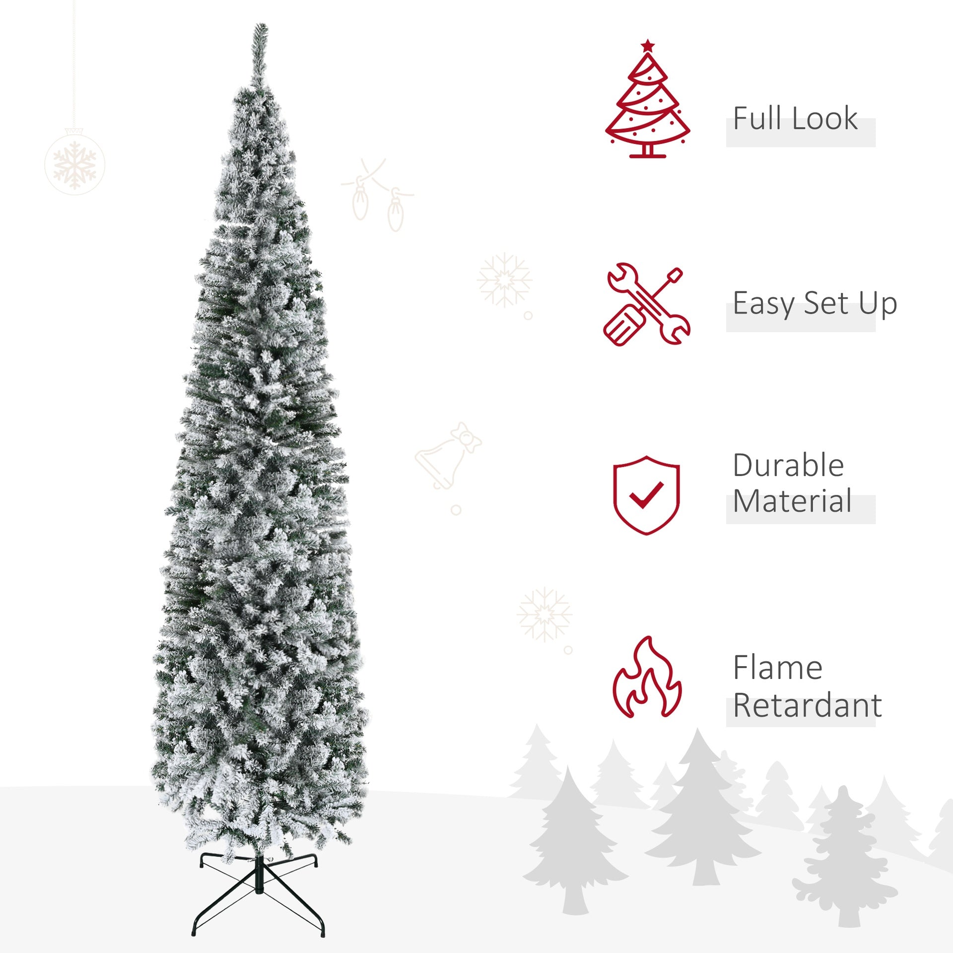 HOMCOM 9ft Flocked Christmas Tree, Pencil Artificial Xmas Tree with Faux Snow, Dense Branches, Foldable Metal Base for Indoor Holiday Decor