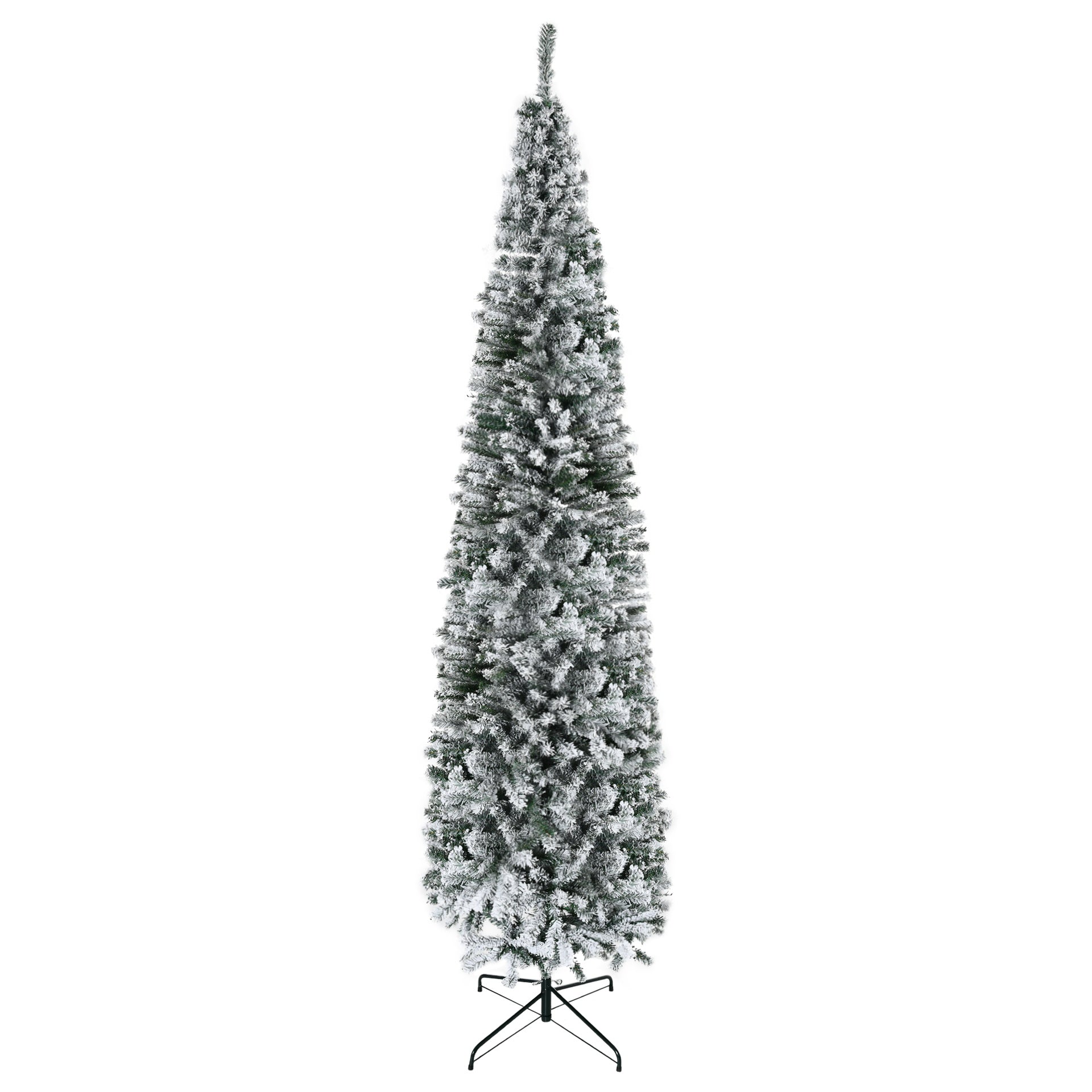 HOMCOM 9ft Flocked Christmas Tree, Pencil Artificial Xmas Tree with Faux Snow, Dense Branches, Foldable Metal Base for Indoor Holiday Decor