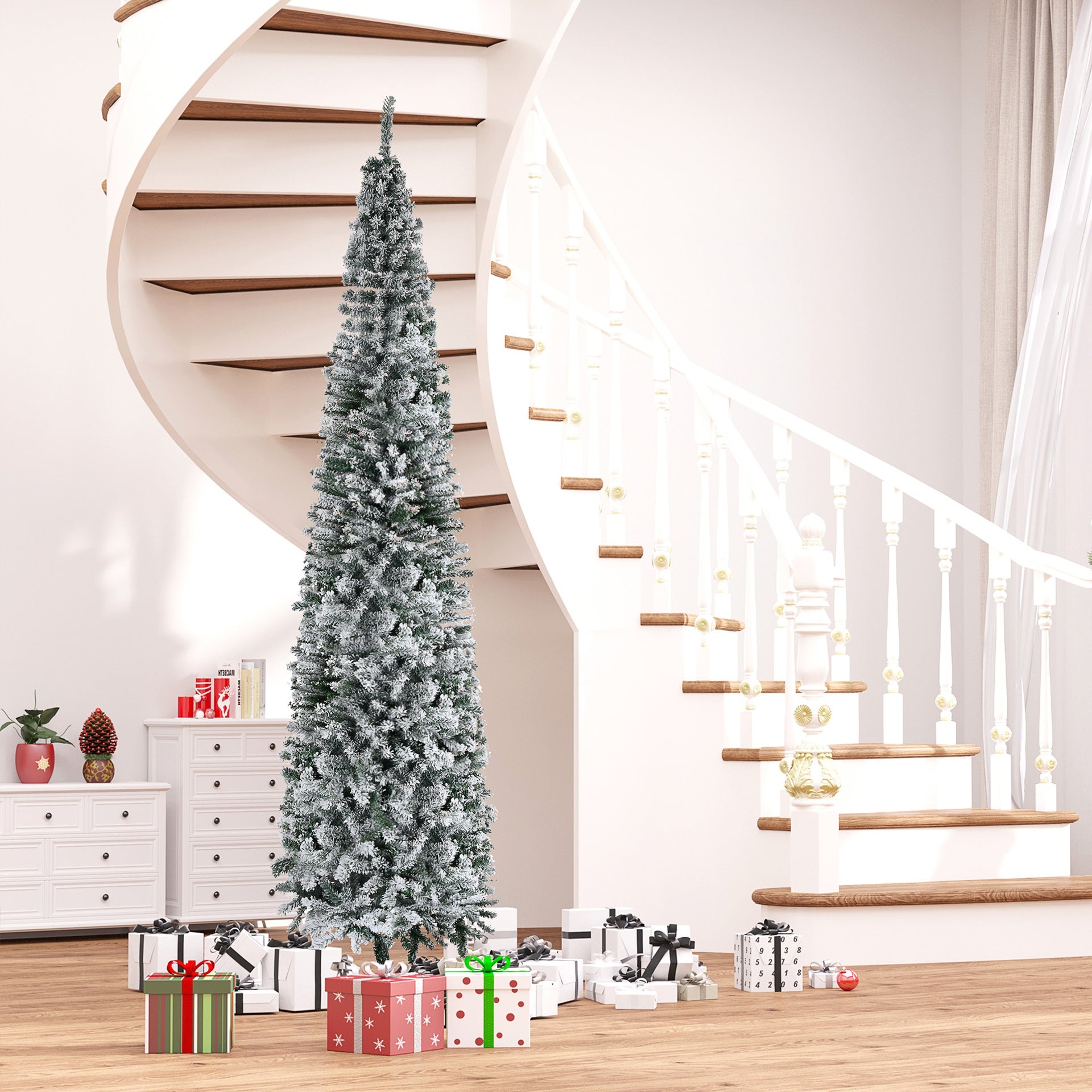 HOMCOM 9ft Flocked Christmas Tree, Pencil Artificial Xmas Tree with Faux Snow, Dense Branches, Foldable Metal Base for Indoor Holiday Decor