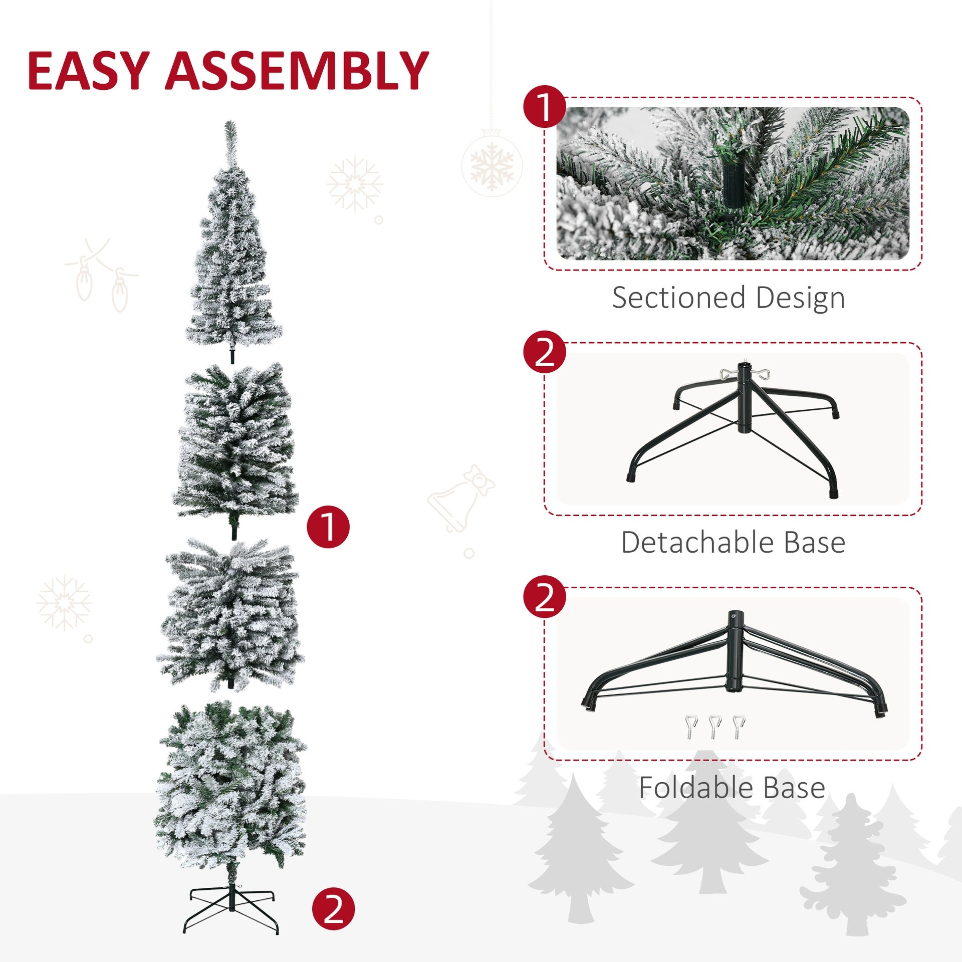 HOMCOM 9ft Flocked Christmas Tree, Pencil Artificial Xmas Tree with Faux Snow, Dense Branches, Foldable Metal Base for Indoor Holiday Decor